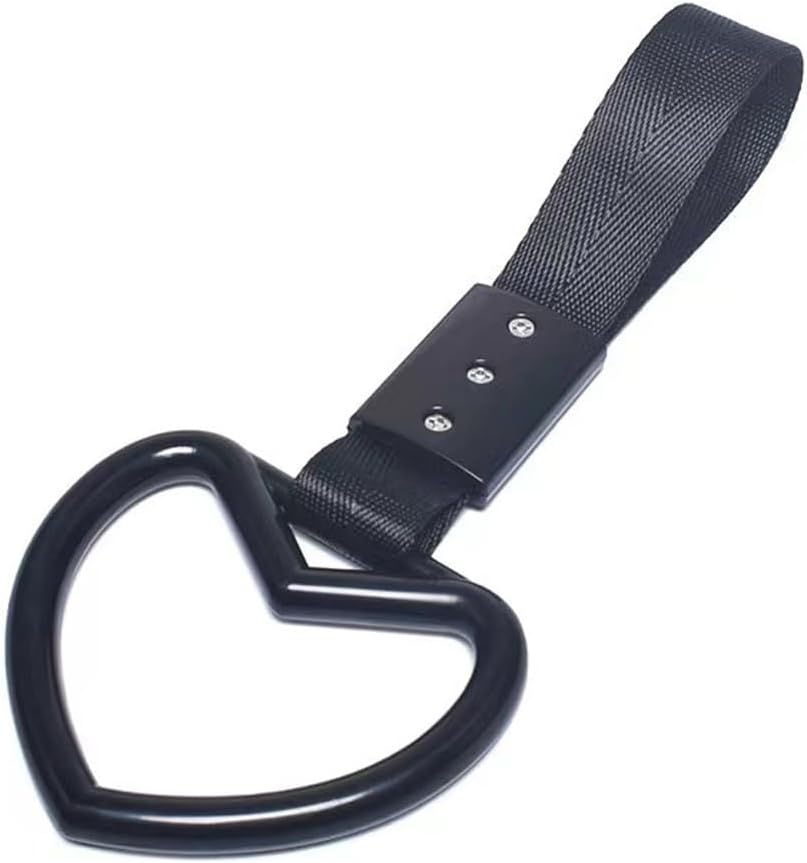 Aimall Heart-Shaped Car Handle Strap, JDM Electrostatic Decorative Warning Ring, Durable Black Plastic, Non-Slip Grip for Safe Car Entry, 9.2 Inch