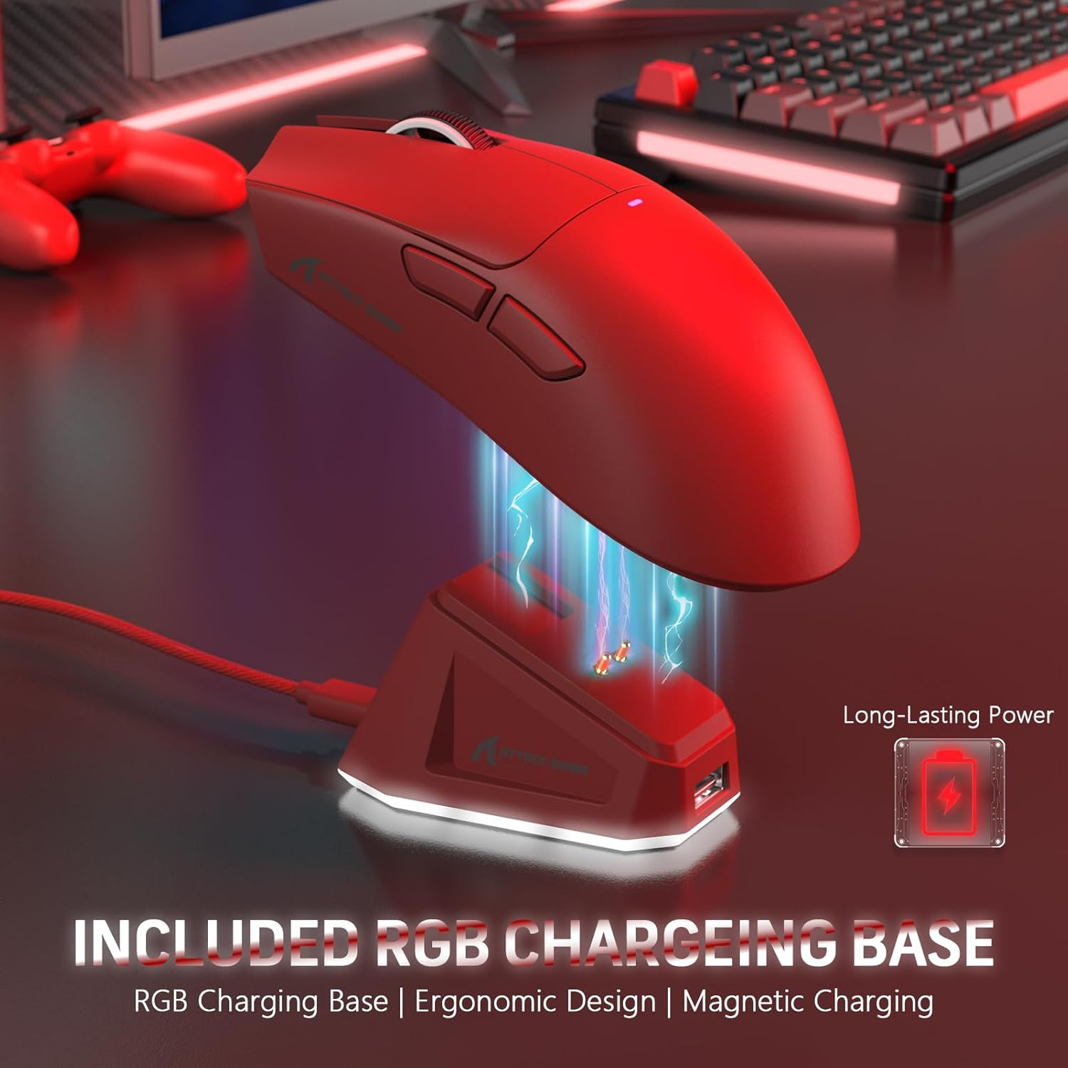 Lexonelec X ATTACK SHARK X11 Wireless Gaming Mouse with RGB Magnetic Charging Dock, Pixart PAW3311 Sensor, Lightweight 59G Tri-Mode Gaming Mouse, Wired/2.4G/Bt, up to 22K DPI for Pc/Mac-Red - Red image number 2