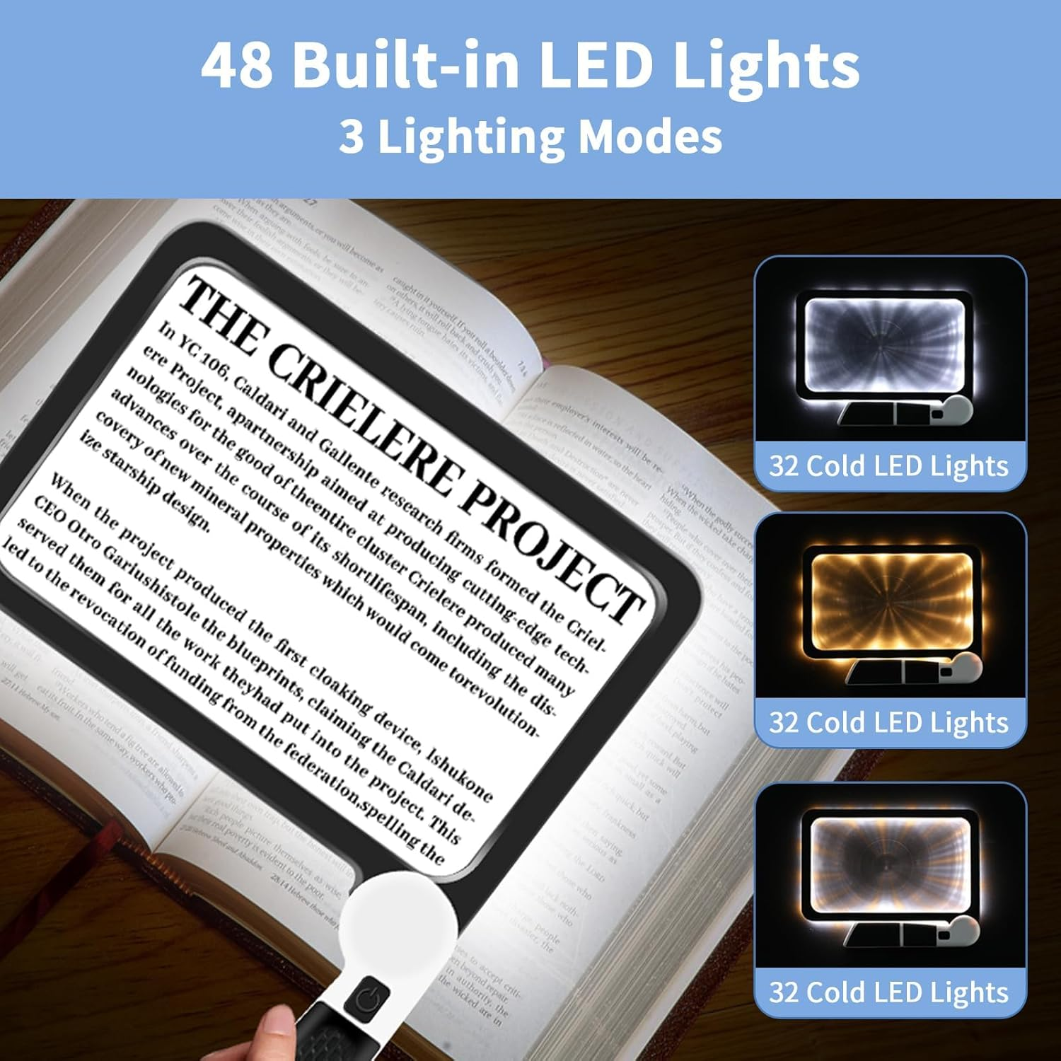 5X Large Magnifying Glass with Adjustable LED Light, 48LED Cold/Warm Light 3 Modes, Full Page Illuminated Magnifier for Seniors Low Vision - Folding Handheld for Reading, Inspection & Close Work image number 6