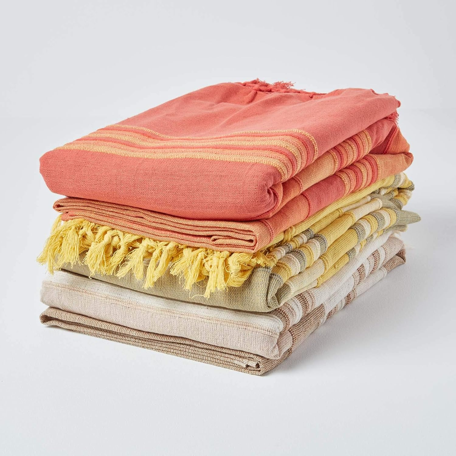 HOMESCAPES Morocco Orange Sofa Throw 100% Cotton Soft Blanket 150 X 200 Cm Orange Terracotta Striped with Fringes image number 4