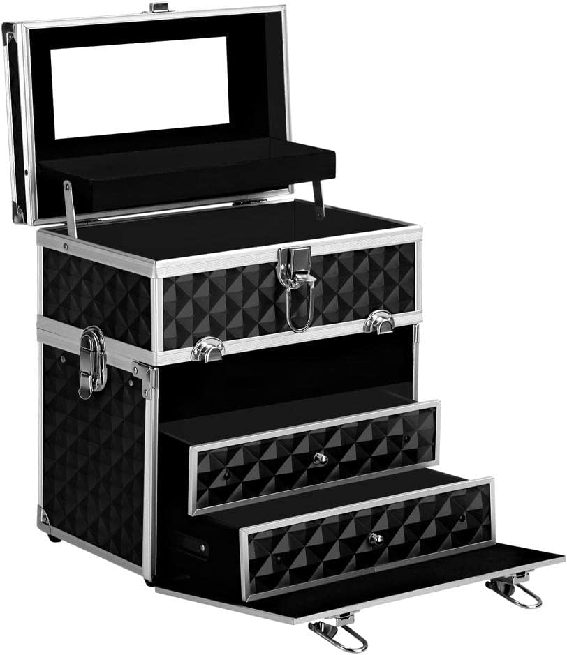 Portable Cosmetic Beauty Makeup Carry Case with Mirror Diamond Black Travel Bag image number 1