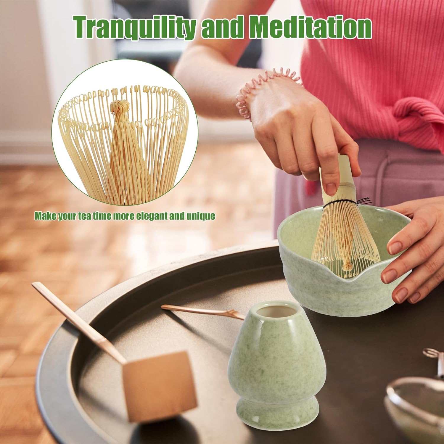4Pcs Matcha Whisk Set Reusable Matcha Making Kit with Ceramic Bowl and Whisk Elegant Matcha Tea Set 500Ml Mottled Matcha Bowl for Tea Lovers image number 4