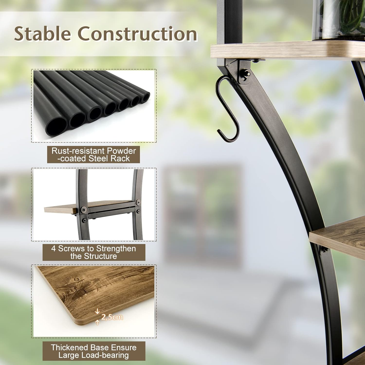 Costway 6-Tier Tall Metal Plant Stand Rack, Curved Half Moon Shape Ladder Planter Shelf W/ Top Hook, Anti-Toppling Device, Modern Flower Pot Holder, Indoor Metal Flower Shelf for Balcony, Living Room - Black-1Pcs image number 3