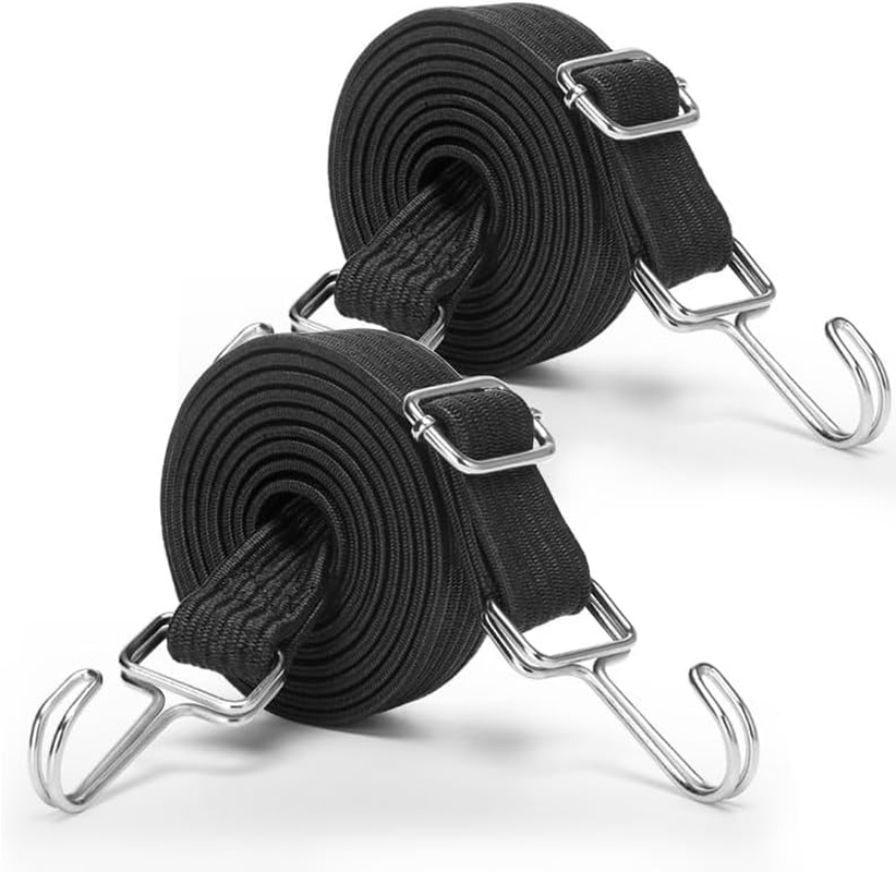 JZS Flat Bungee Cords with Hooks 2M Adjustable Elastic Bungee Straps with Hooks for Bicycles Camping Tent Luggage Fixings 2 Pack Black