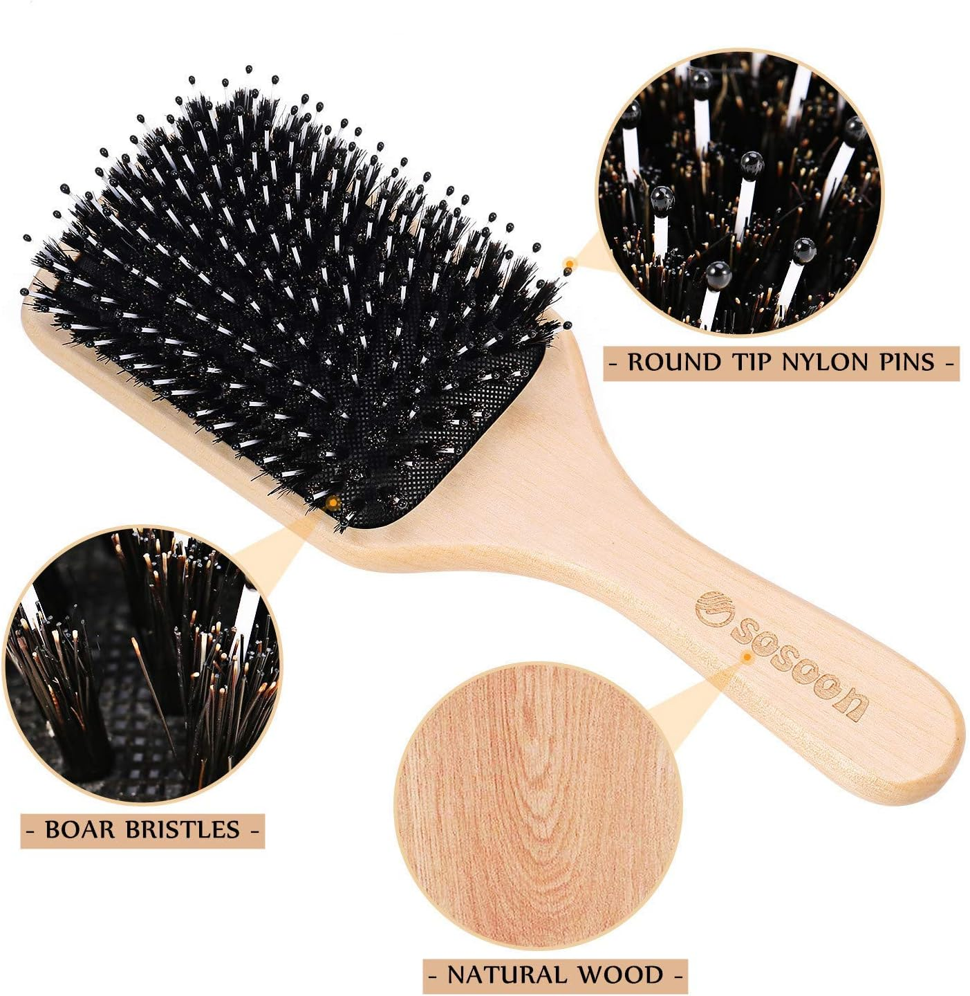 Hair Brush, Sosoon Boar Bristle Paddle Hairbrush for Long Short Thick Thin Curly Straight Wavy Dry Hair for Men Women Kids, No More Tangle, Giftbox & Tail Comb Included image number 1