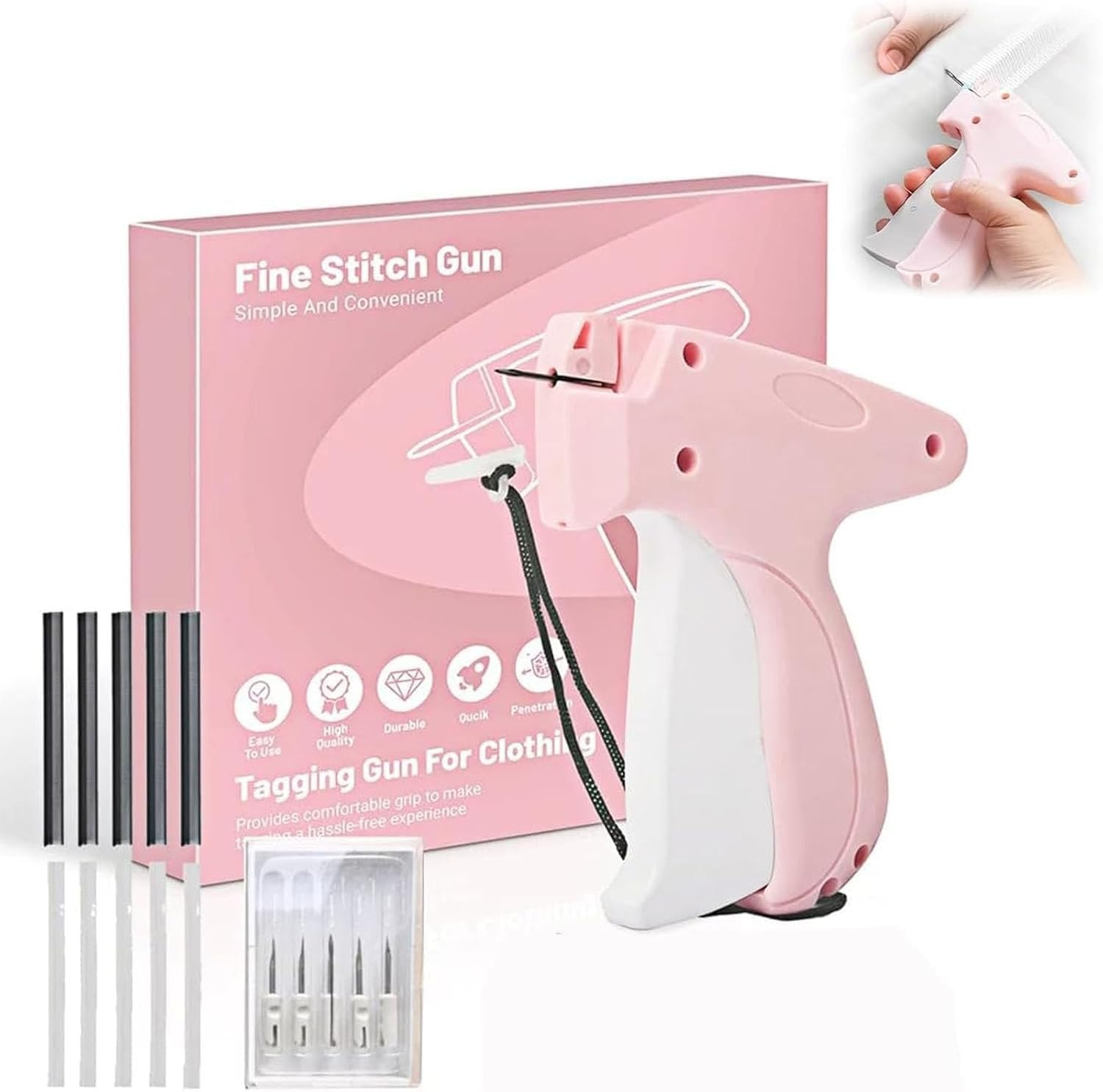 Wakouter Stitch Gun for Clothes, 5 Needle Handheld Stitch Gun Quick Clothing Fixer, Mini Sewing Kit, Micro Tagging Gun, 1000 Black Fasteners & 1000 White Fasteners, for Sewing, Hemming, Quilting (Pink)