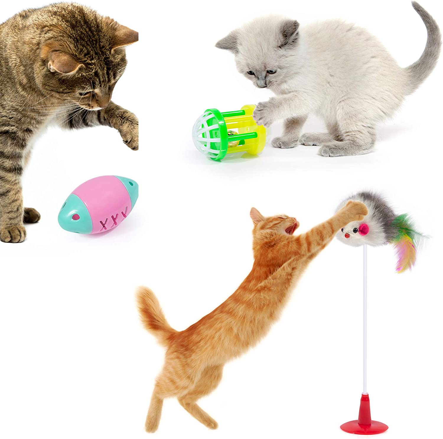 Cat Toys Kitten Toys 34Pcs Assorted Cat Tunnel Catnip Fish Feather Teaser Wand Fish Fluffy Mouse Mice Balls and Bells Toys Storage Bag Set Kit Interactive Cat Toys Cat Feather Toy Mlorine (34PCS)