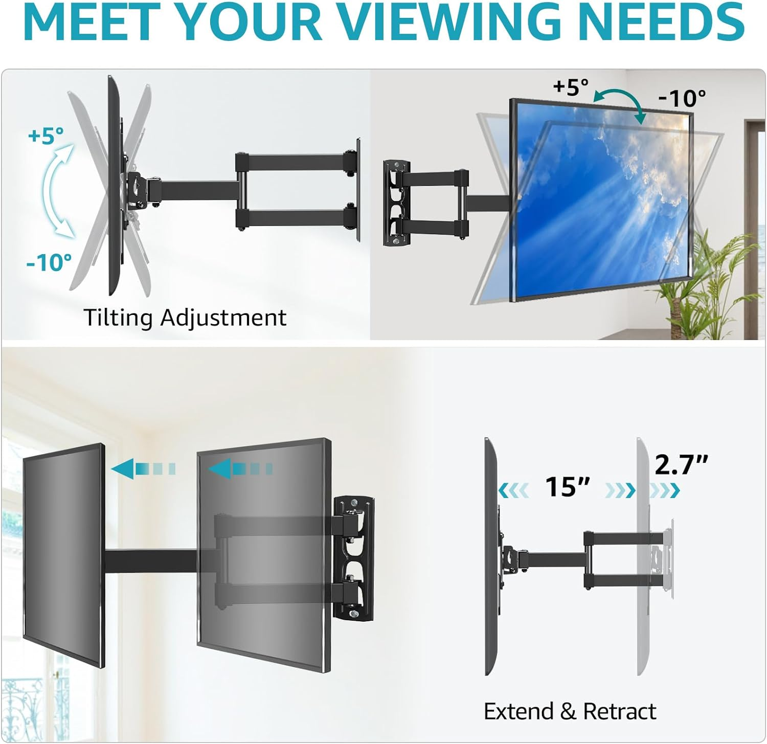 MOUNTUP Full Motion TV Monitor Wall Mount for Most 14-42 Inch LED LCD Flat Screen Tvs & Monitors, Swivels Tilts Extension Rotation, TV Bracket Max VESA 200X200Mm, up to 33 Lbs. image number 2
