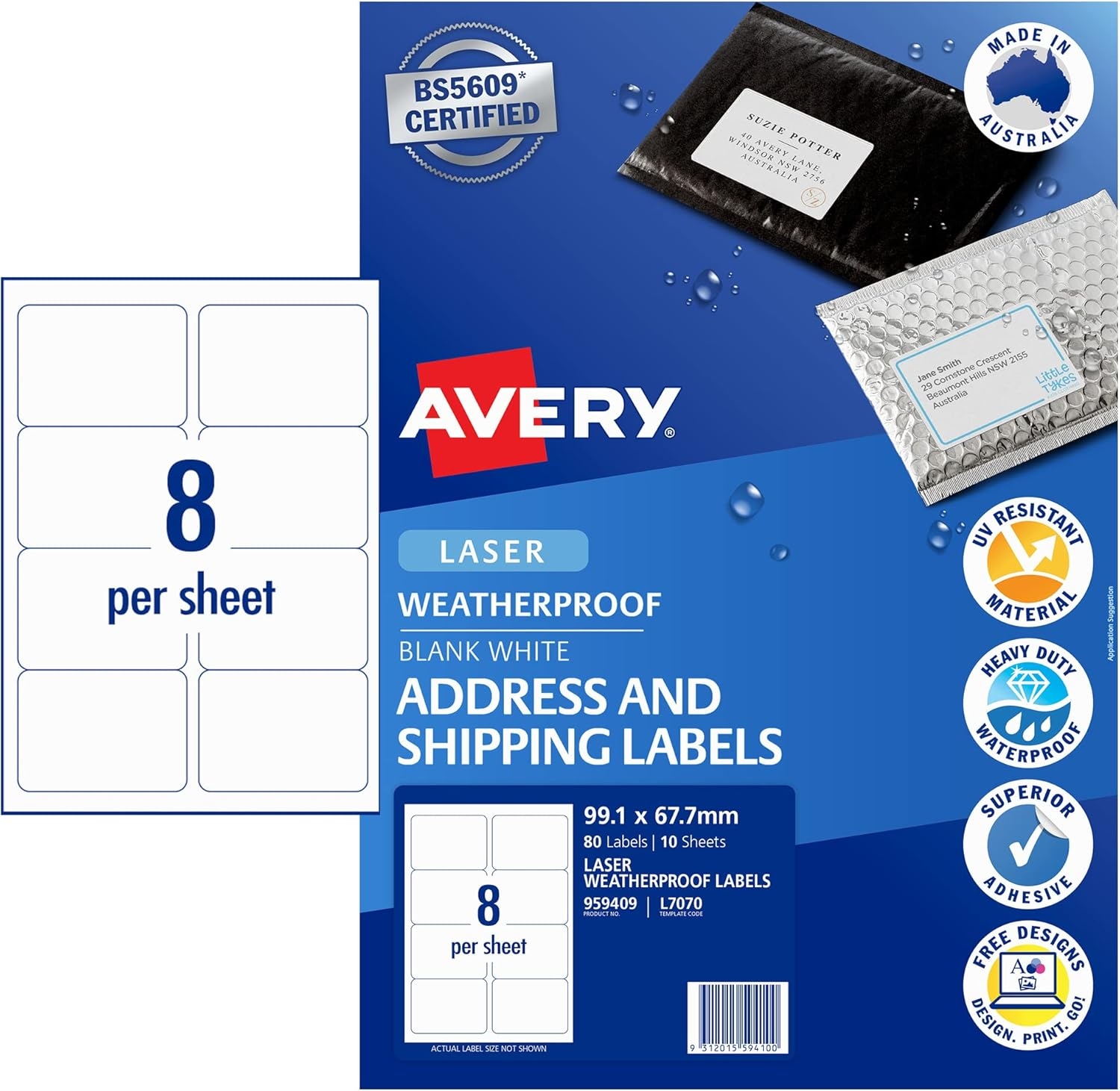 Avery Weatherproof A4 Labels for Laser Printers - Printable Packaging, Shipping & Address Labels - Mailing Stickers - Small Business Supplies - 99.1 X 67.7 Mm, 80 Labels / 10 Sheets (959409 / L7070) image number 1