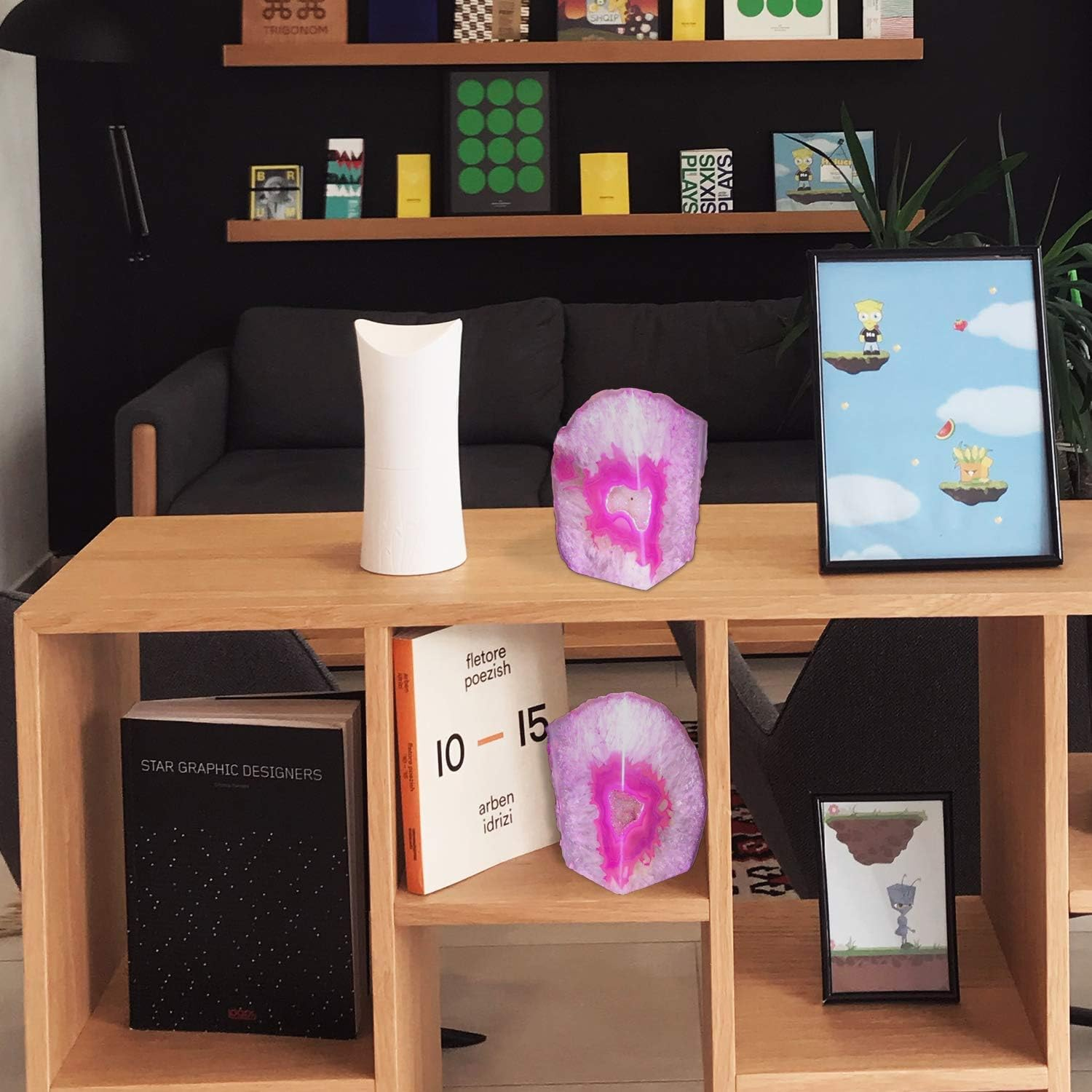 AMOYSTONE Brazilian Rock Bookends 1 Pair Pink Agate Geode Bookends 3-4 Lbs for Video Games Cds Unique Bookends Home Decorative image number 5