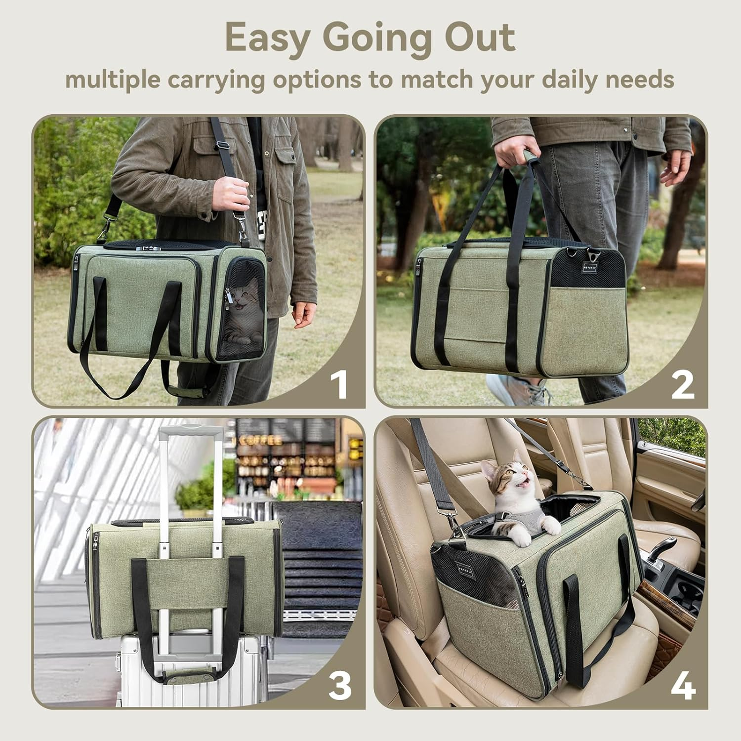 Petsfit Expandable Pet Carrier Airline Approved, Soft-Sided Portable Cat Carrier Dog Carrier, with Removable Plush Mat, Locking Safety Zippers and Pockets, Green image number 4