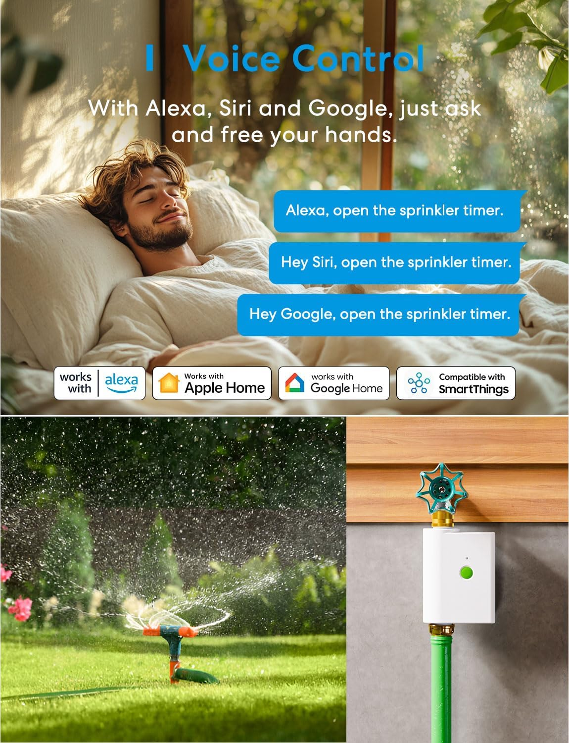 Meross Wifi Water Timer for Garden Hose, Smart Sprinkler Timer Works with Alexa, Google, Apple Homekit, IP65 Water Valve Controller with Auto Watering/Rain Skip/Alert for Drip Irrigation System, Lawn image number 1