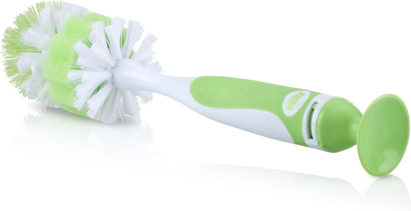 Nuby Bottle & Teat Brush Cleaner - Baby Bottle Cleaning Brush with Suction Cup - Soft Nylon Bristles Nipple Cleaner - for All Bottles