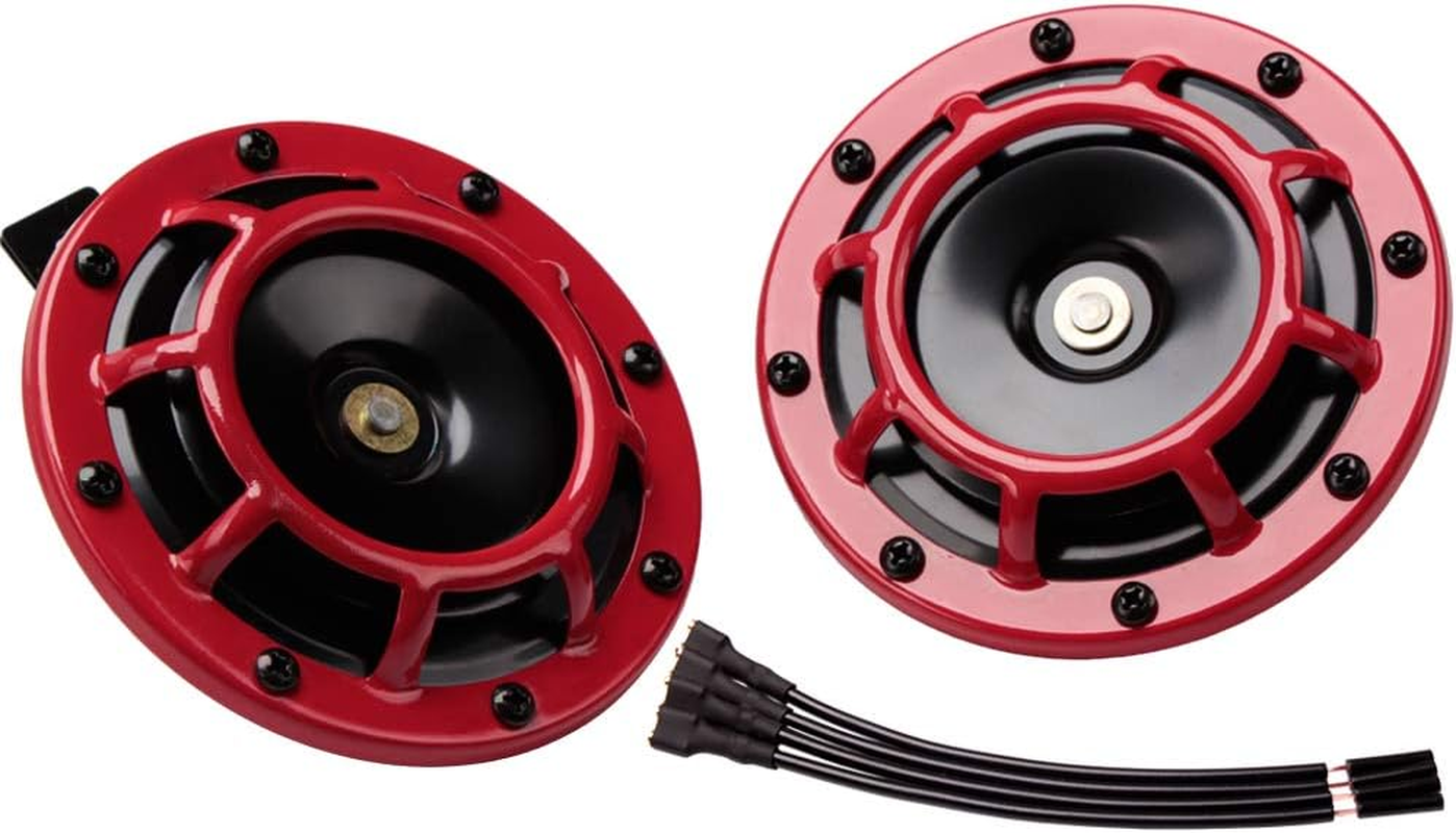FARBIN Loud Car Horn 12V Super Tone Motorcycle Horns High Tone/Low Tone Twin Horn Kit with Protective Grill(Red, 12V)