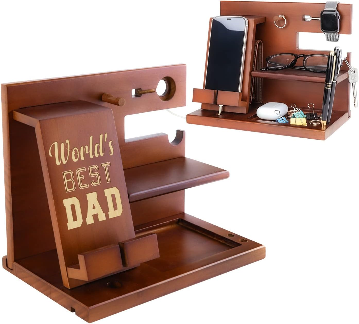 Awofer Wooden Dad Docking Station Personalized Best Dad Gifts from Son Daughter Dads Birthday Ideas for Dad Bonus Dad Who Wants Nothing - For Dad image number 5