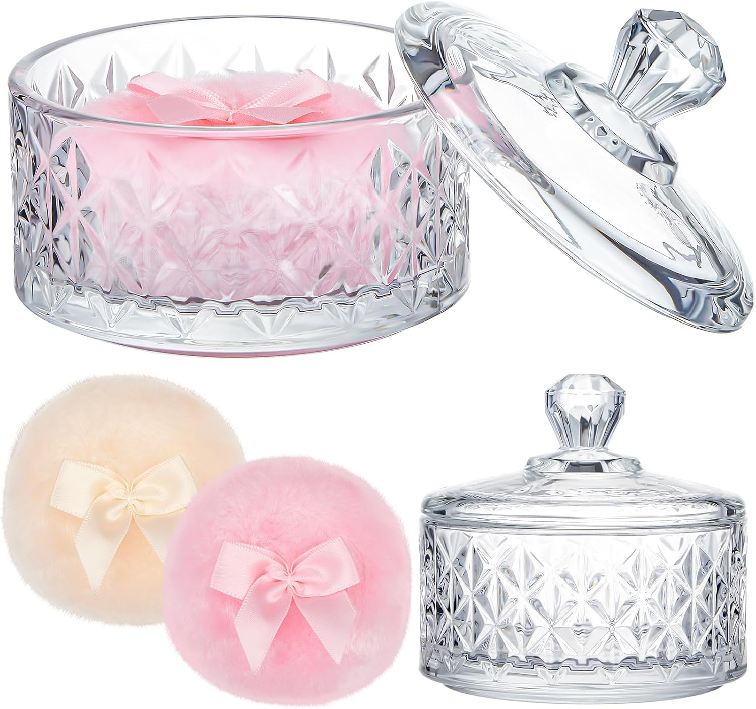 Tioncy 3 Pcs Large Body Powder Puff and Container Powder Container with Puff Powder Puff Crystal Container Soft Loose Washable Reusable Velour Face Body Powder Puff Wet Dry Makeup Tool (Clear,Crown)