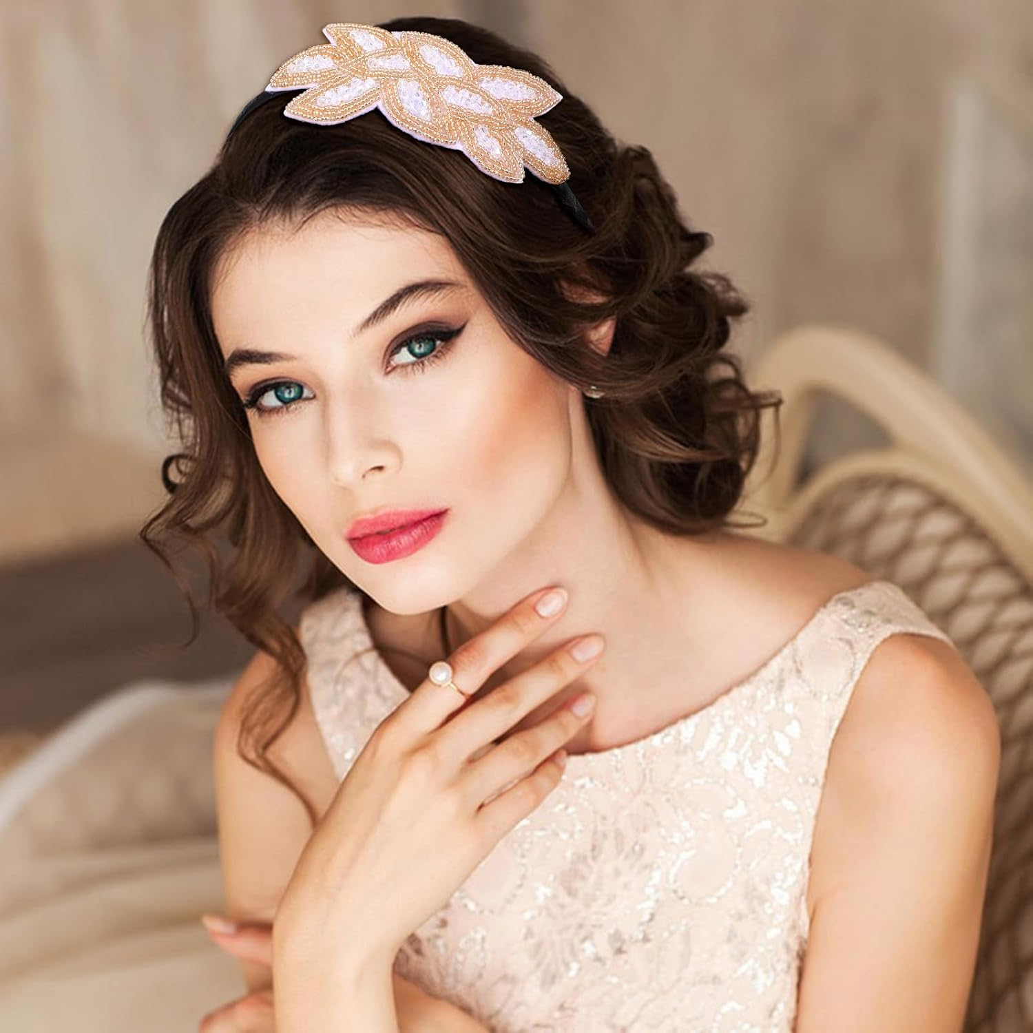 1920S Headbands for Women Head Bands Accessories Crystal Bridal Wedding Black Headpiece 20S Rhinestone Flapper Vintage Hair Valentines Accessory for Girls Costume Prom Party Art Deco (White Gold) image number 6