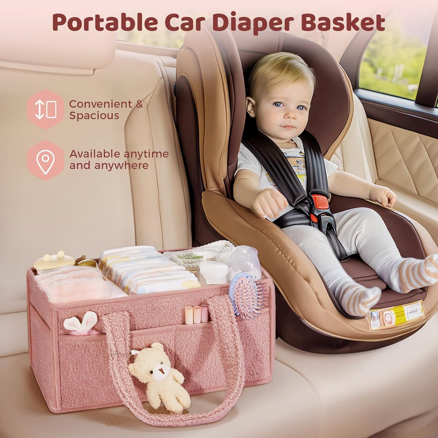 Enliansgo Baby Nappy Caddy Organizer, Baby Storage Basket for Diapers, Newborn Essentials, Car Caddy Organizer, Portable Diaper Storage (Pink) image number 2