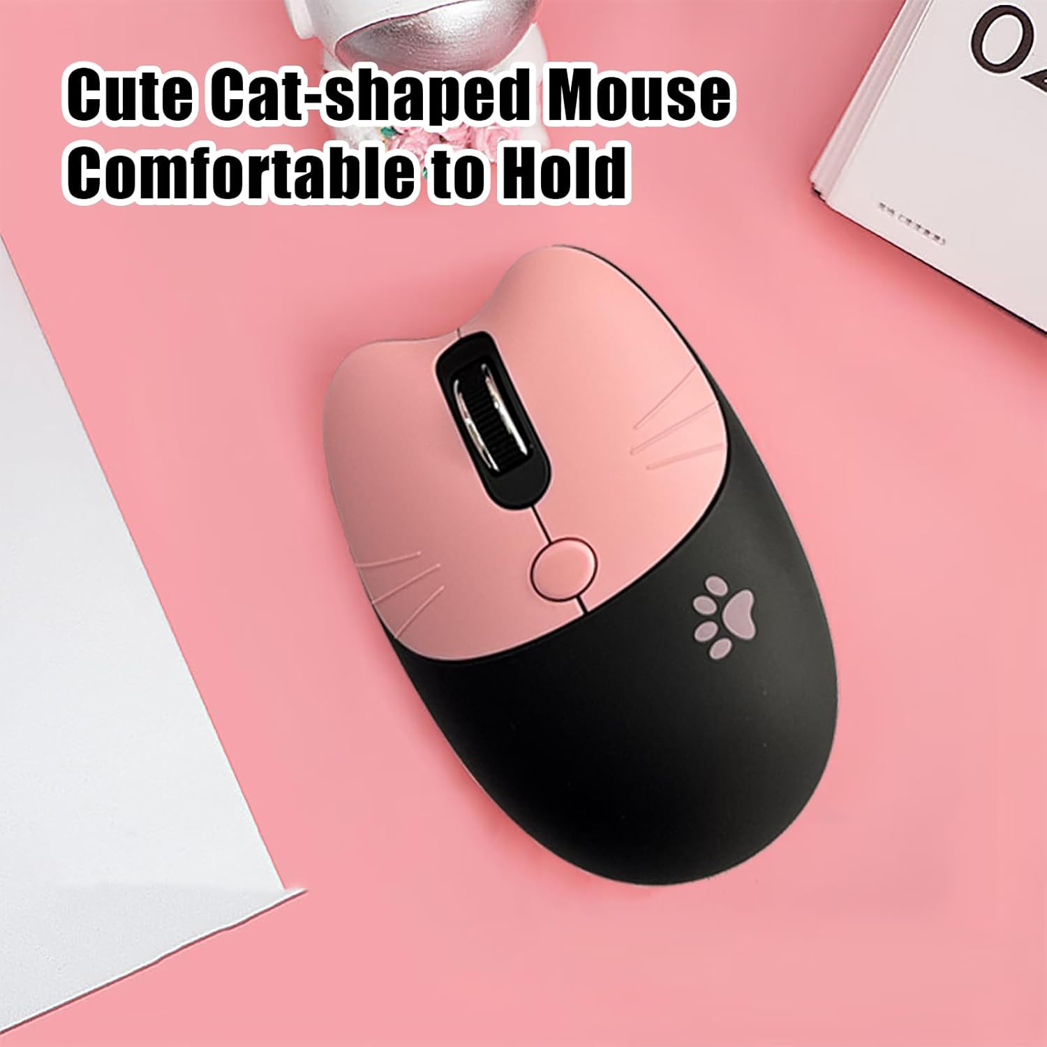 Cute Cat Keyboard and Mouse Combo Wireless, Kawaii Keyboard and Mouse for Girls and Kids, Soundless Colorful Keys, Compatible with Notebook, PC (Blackpink-110Keys) - Green-110Keys image number 2