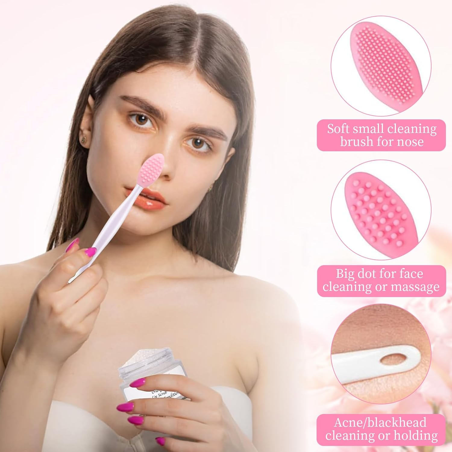 4 PCS Lip Brush & 4 PCS Nose Brush, Double-Sided Exfoliating Lip Scrubber, Soft Silicone Makeup Brushes & Applicator Tools for Smooth Lips & Nose, Gentle Exfoliation & Precise Balm Application (Pink)