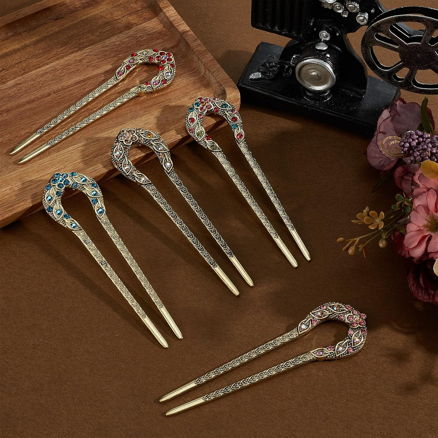NICENEEDED 5 PCS Vintage U-Shaped Hair Forks, French Double Prong Rhinestone Crystal Hairpin, Classical Alloy Hair Accessories for Wedding Party Holiday Daily image number 4