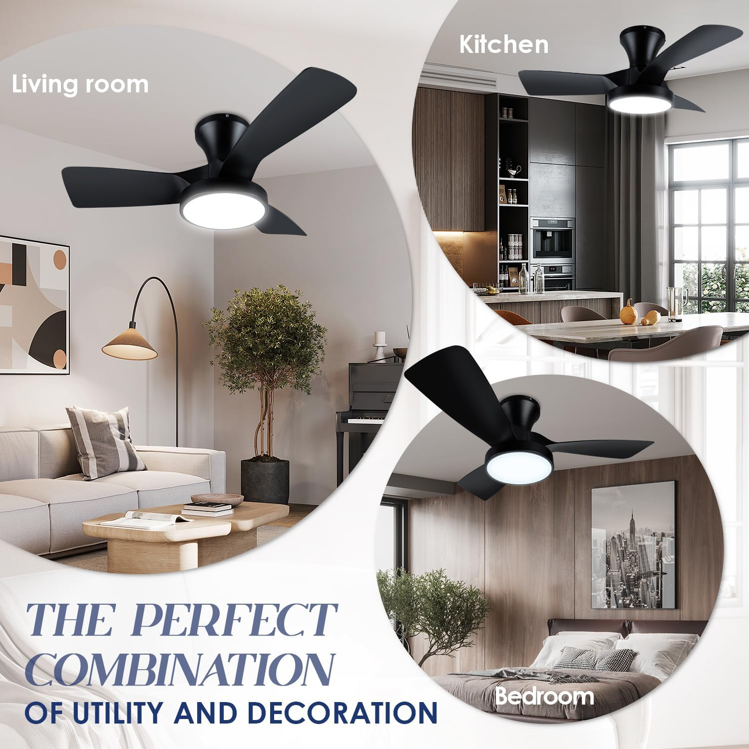 Soilsiu Ceiling Fans with Lights Remote, 32 Inch Low Profile Ceiling Fan with 3 Colors and 6 Speeds Options, 3 Blades Fans Lamp for Ktichen Bedroom Dinning Room Patio(Black) image number 6