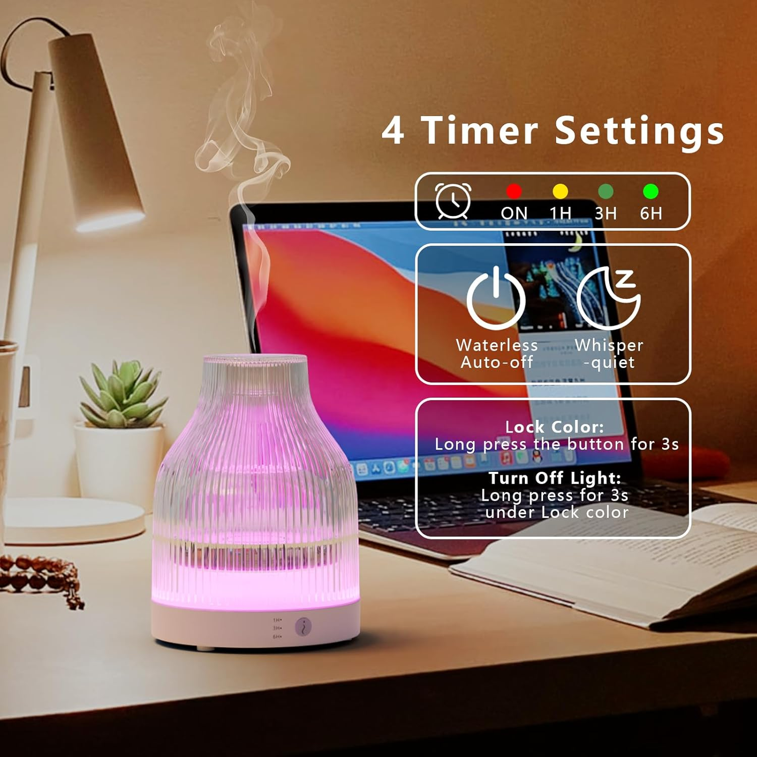SOICARE Elegant Glass Reservoir Essential Oil Diffuser 200ML, One Button Control Glass Diffuser with Rainbow Colors for Home Office Bedroom Gift image number 4