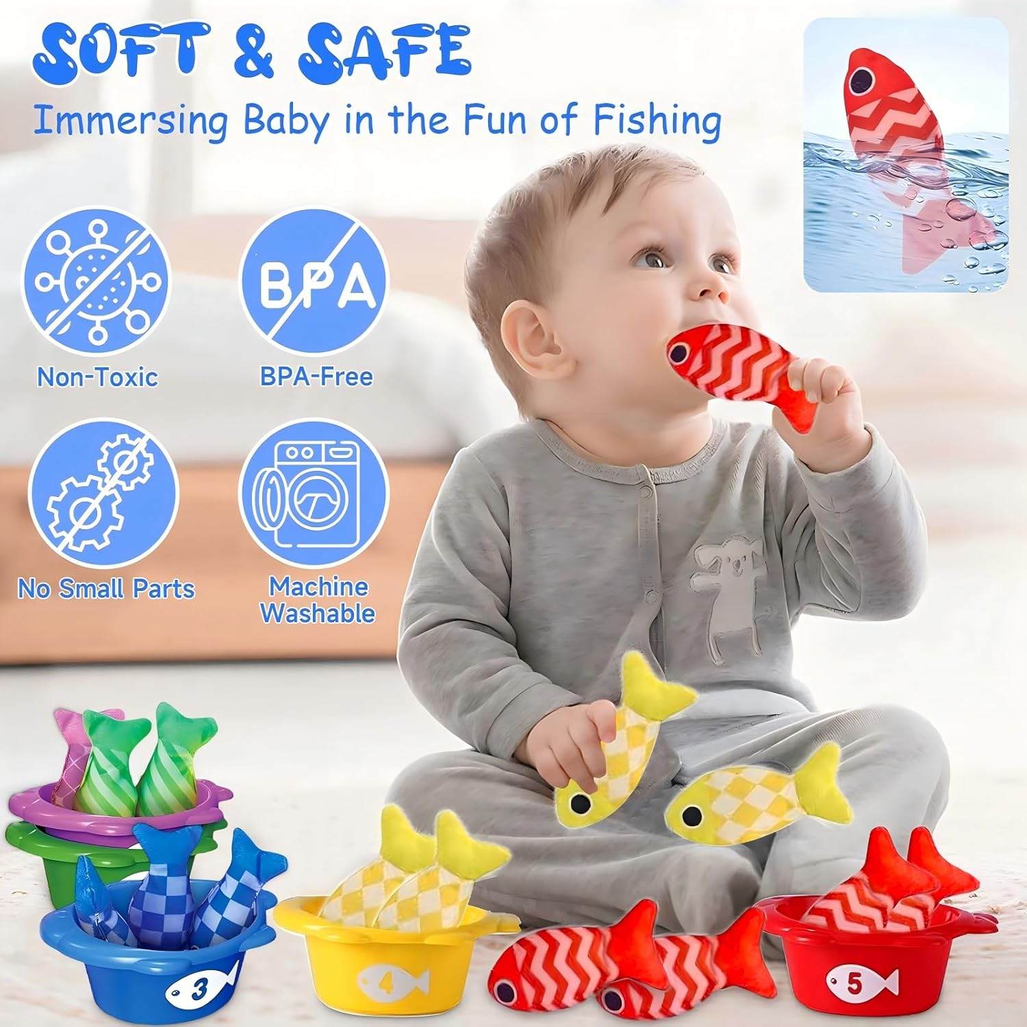 Toddler Toys, Montessori Toys for 1 Year Old Boy Girl Birthday Gift, Cloth Fishing Game for Toddler 1-3, Sorting Learning Baby 6-12-18 Months, Cloth Fishing Game with Baby Stacking Cups image number 2