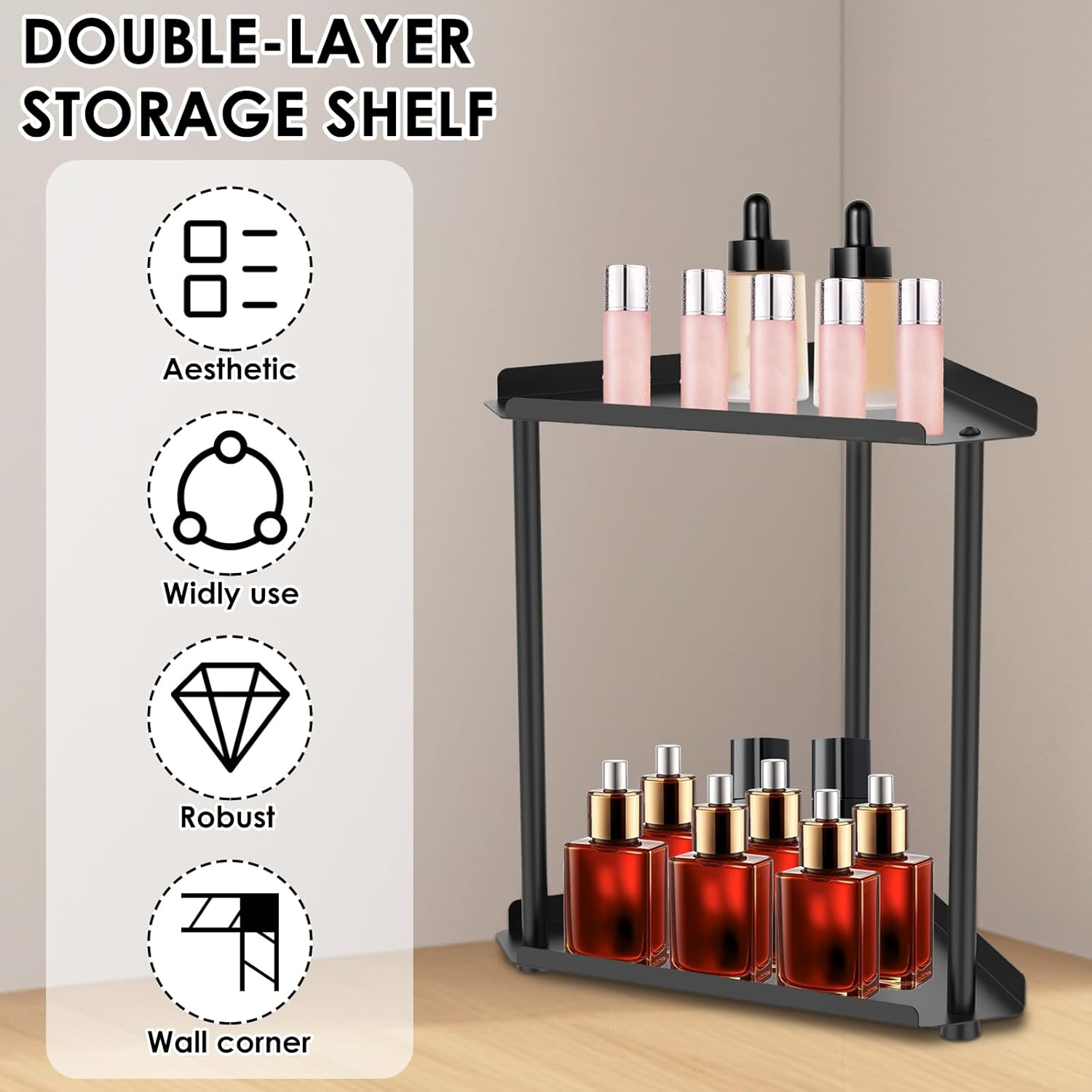 Makeup Organizer, Cosmetic Storage Display Case with 2 Layers Large Capacity Display Case for Vanity Cosmetics Organizer Storage for Bathroom Counter Dresser Brushes Lipsticks Skin Care Beauty (Black) - Black image number 3