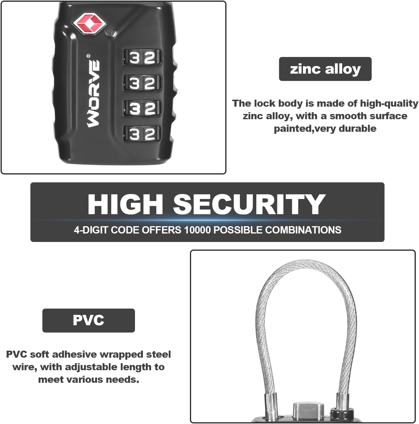 TSA Approved Cable Luggage Locks,Re-Settable Combination with Alloy Body,Tsa Approved Luggage Travel Lock for School Gym Locker, Luggage Suitcase Baggage Locks, Filing Cabinets(Black, 2 Pack) image number 4