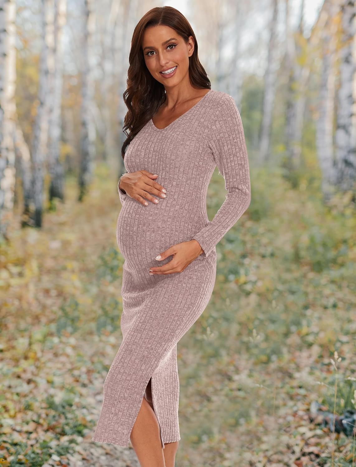 Maternity Sweater Dress,Turtleneck Ribbed Long Sleeve Maternity Dress for Casual/Photoshoot/Baby Shower image number 5