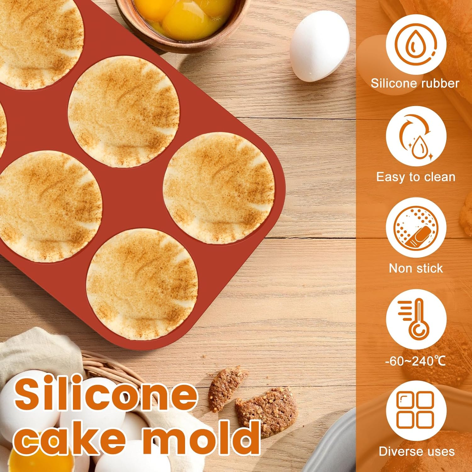 3 Pcs Silicone Muffin Top Pans/Egg Molds for Baking Non-Stick 4" Jumbo round Silicone Mold for Hamburger Bun, Muffin Top, Eggs, 6 Cavities Whoopie Pie Pan for Breakfast Egg Sandwich Pie Shortbread image number 5