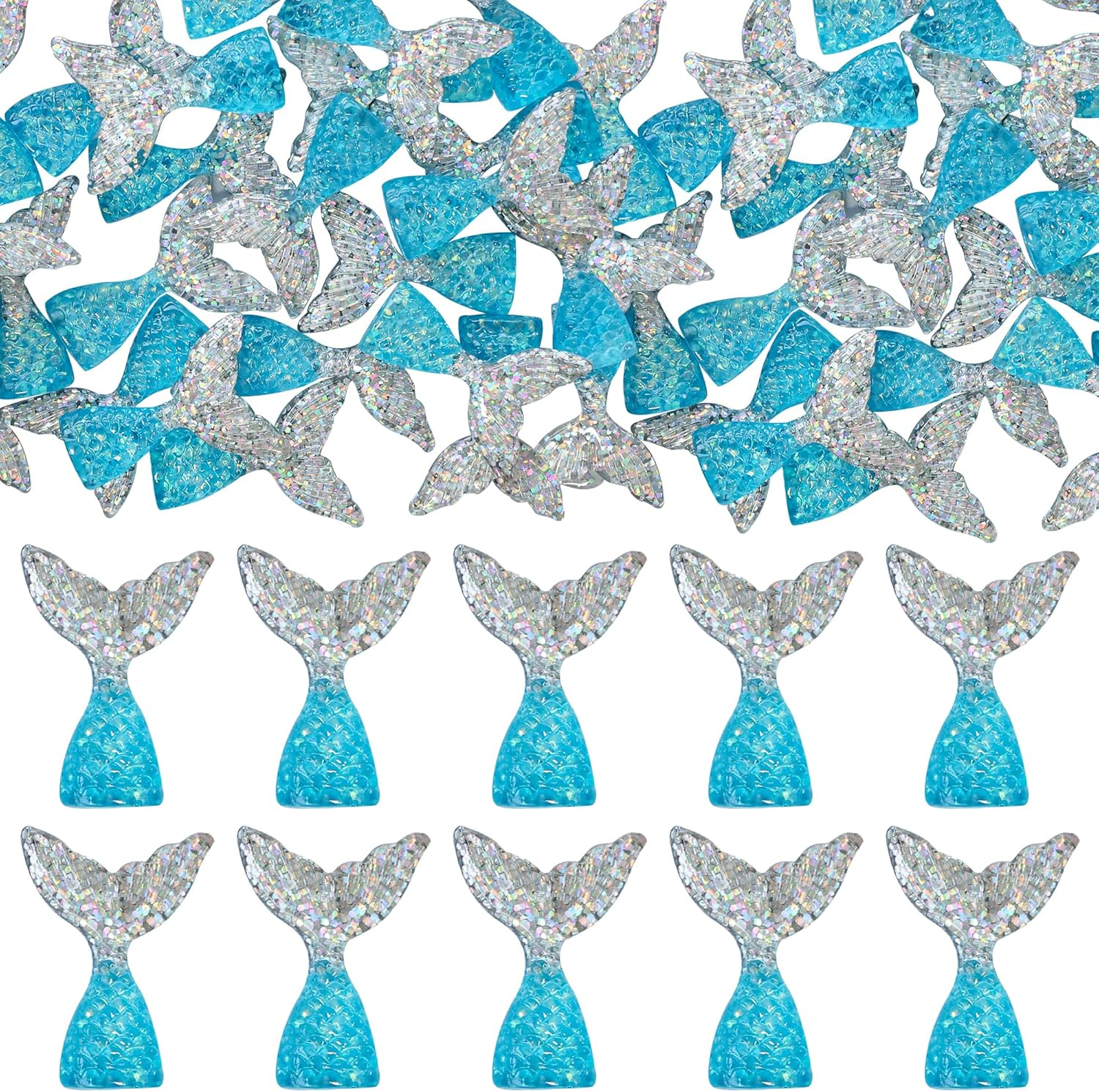 Ephlyn 24Pcs Acrylic Mermaid Tails Cupcake Toppers Mini Wrappers Mermaid Tail Figurines Cake Decorations for Mermaid Party Birthday Party Baby Shower Party Supplies Favors Blue Silver image number 6