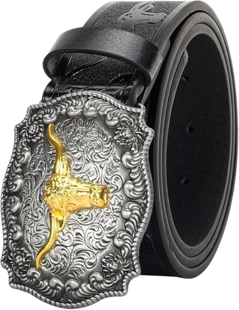 Men'S Western Cowboy Leather Belt with Long-Horned Cow Flower Carving Buckle - Perfect for Jeans image number 3