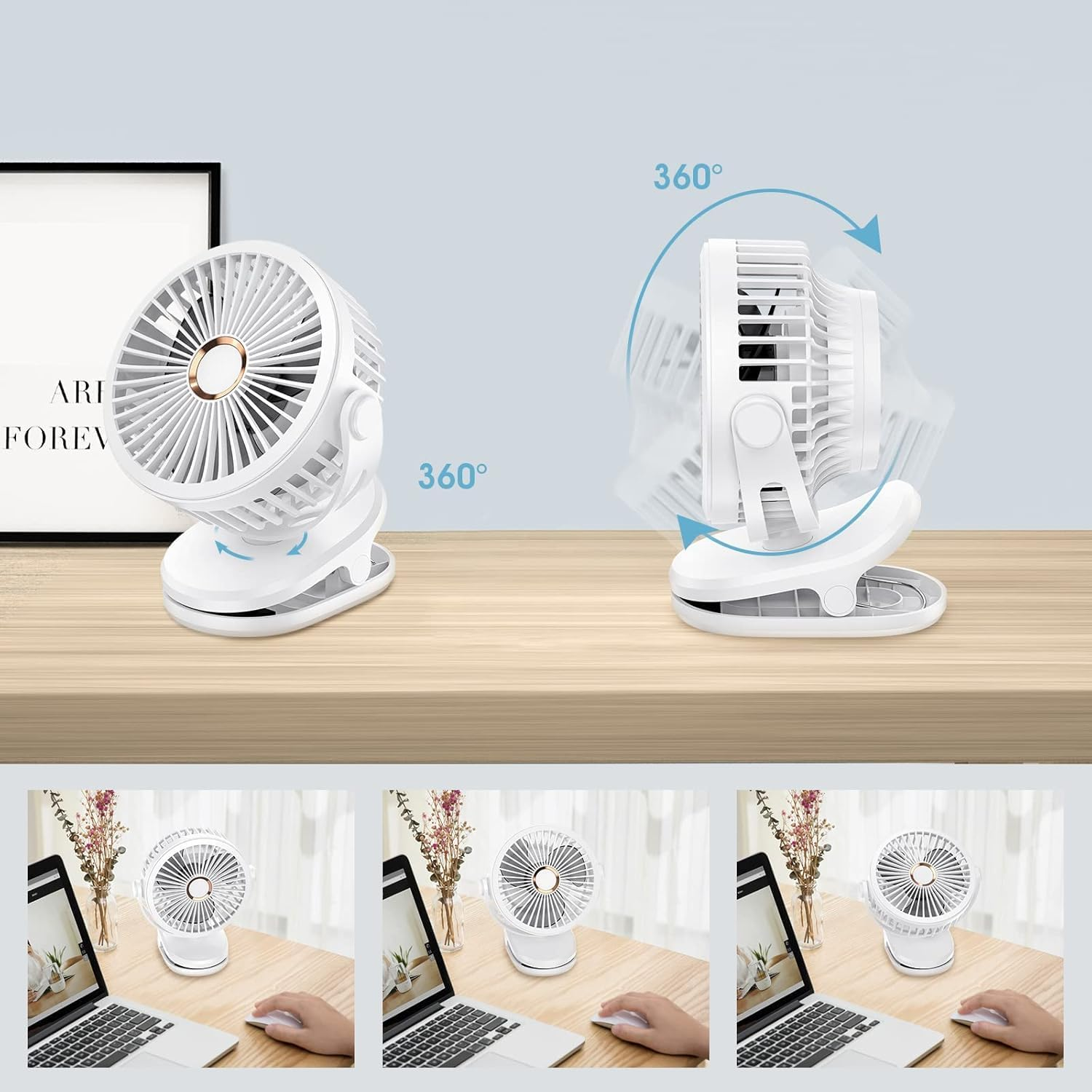 10000Mah Rechargeable Portable Table Fan (24H Long Battery Life), Clip Fan with 4-Speed, Strong Airflow & Operating Quietly Desk Fan for Stroller, Office Desktop, Bedroom, and Outdoor. (White) image number 4