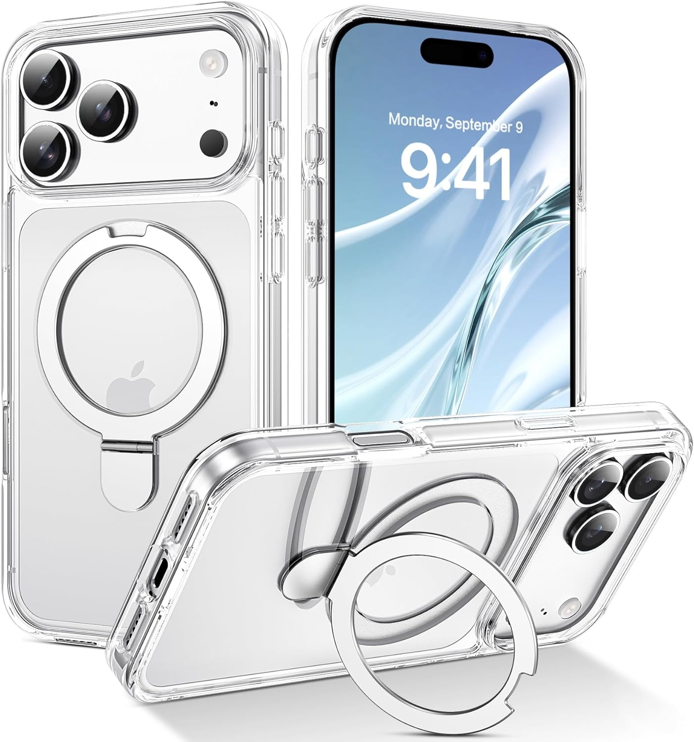 DUEDUE Magnetic Case for Iphone 17 Pro Max 6.9" with 360&deg; Rotatable Ring Stand, [Compatible with Magsafe] Shockproof Slim Fit Thin Phonetransparent Full Protection Cover for Iphone 17 Pro Max, Clear image number 1