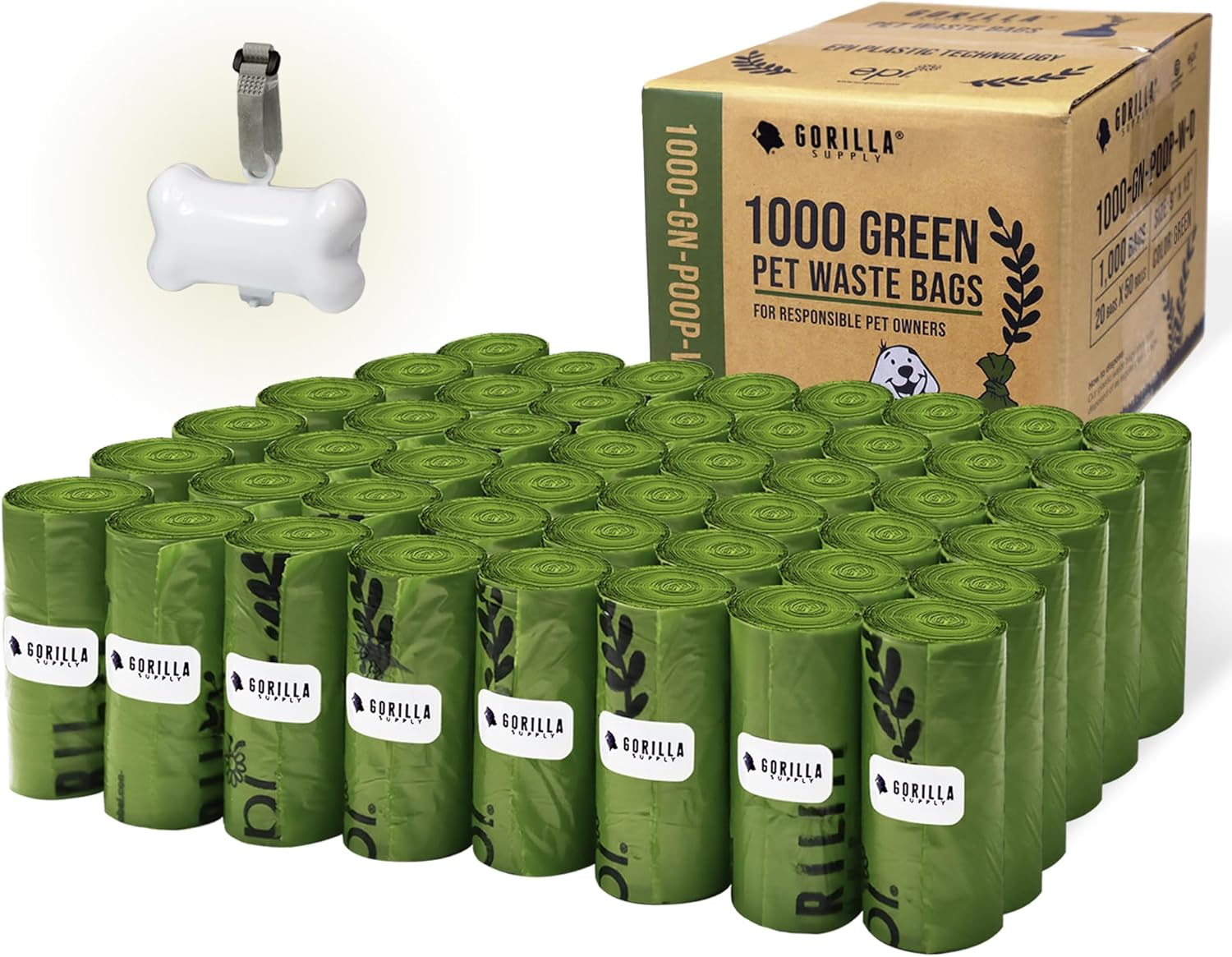 Gorilla Supply 1000 Green Dog Pet Poop Bags, EPI Technology, 50 Refill Rolls (Free Patented Dispenser)
