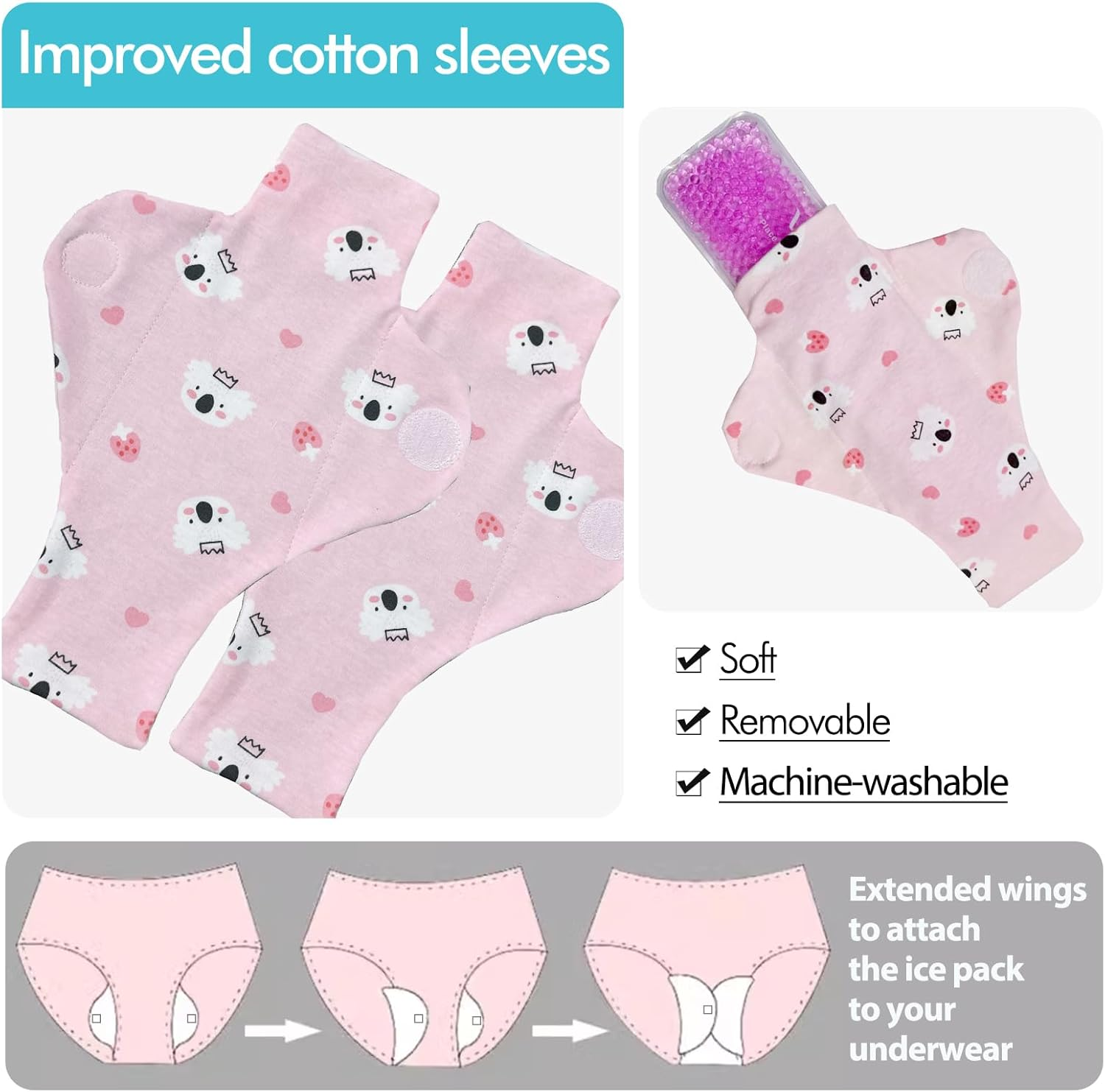 Vecozey 2 Perineal Cold Packs for Maternity Postpartum Care, Reusable Hot & Cold Ice Wraps with Washable Cotton Sleeves for Post Partum & Hemorrhoid Pain Relief, Cooling Pads for Women after Birth image number 1