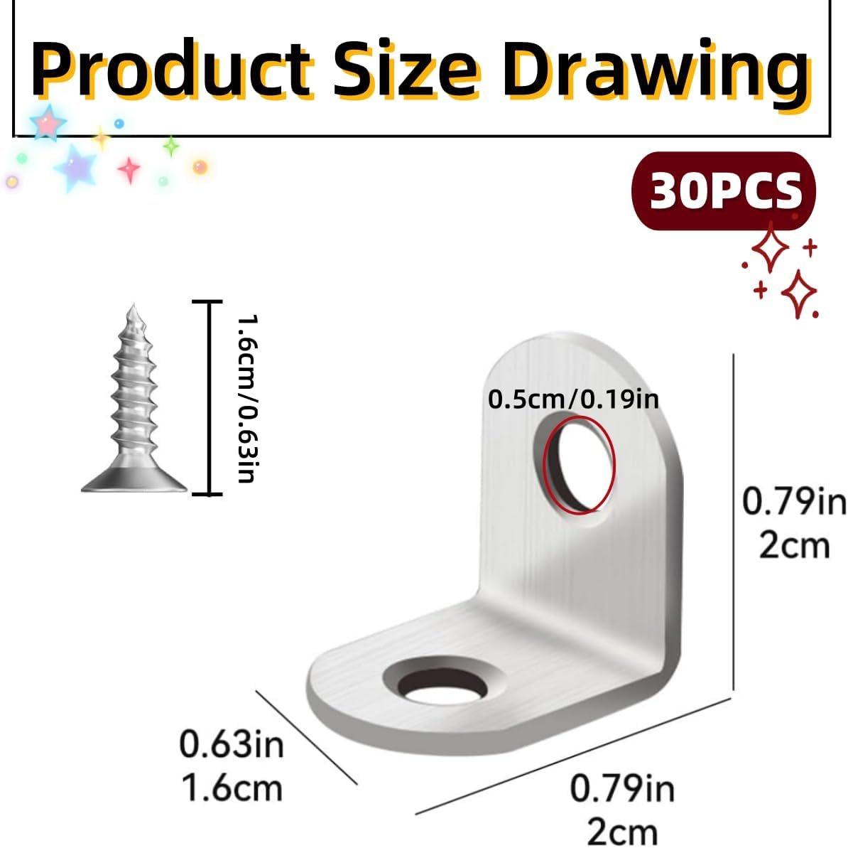 30PCS Angle Brackets, Stainless Steel Angle Brackets, L Take 60PCS Stainless Steel Screws, for Fixed Wooden Furniture, Chairs, Doors and Windows, Bookcase, Etc (20 X20X16Mm / 0.78 X0.78 X0.62 In)