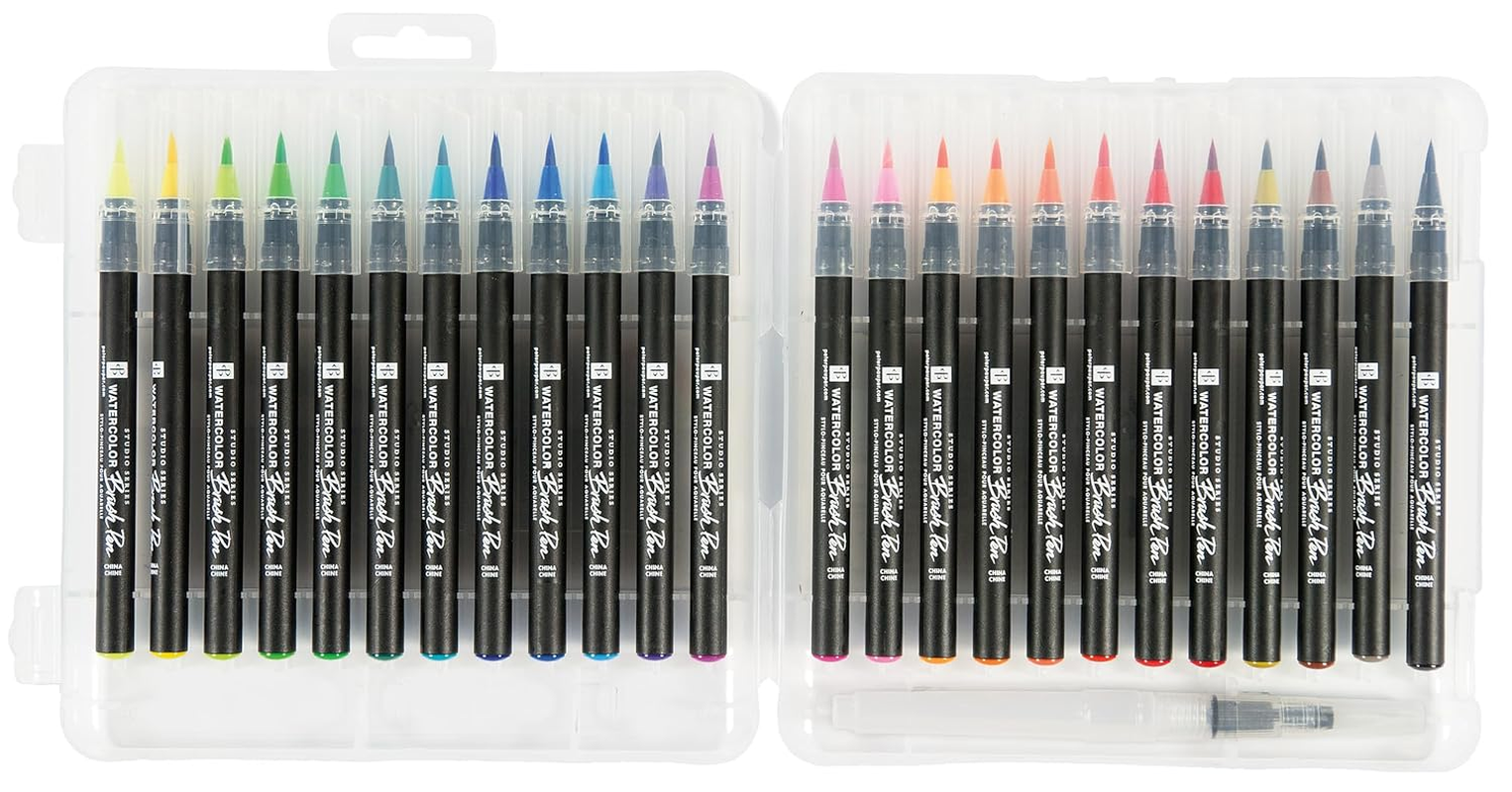 Studio Series Watercolor Brush Marker Pens (Set of 24 Pens, plus Bonus Water Brush), Great for Hand Lettering, Calligraphy, Manga, Comics, Adult Coloring Books, Journals, and All DIY Drawing Art