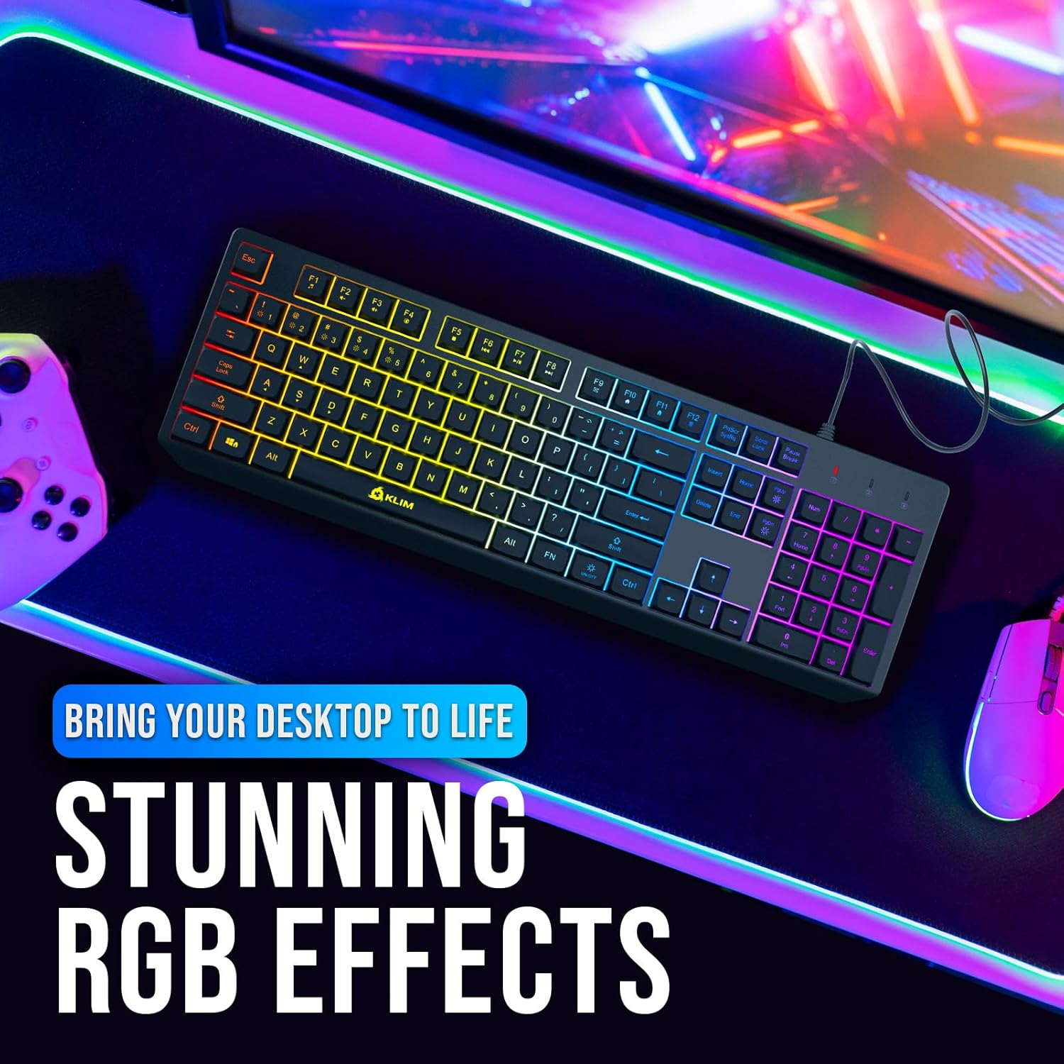 KLIM Chroma Gaming Keyboard Wired USB - New - Durable Ergonomic Waterproof Silent Keyboard - 2 Ms Response Time - Backlit Keyboard for PC Mac PS4 PS5 Keyboard - Black image number 3