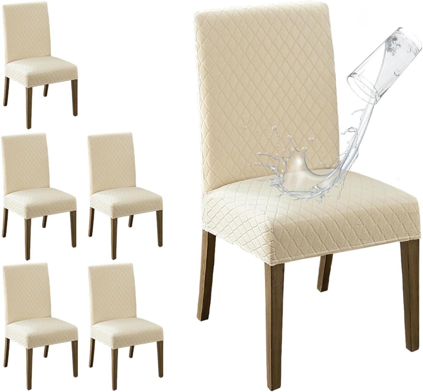MOSAYT 100% Waterproof Dining Room Chair Covers Set of 4, Super Fit Stretch Jacquard Parson Chairs Slipcovers Removable Washable Chair Seat Protectors for Home, Kitchen, Banquet (Khaki) image number 2