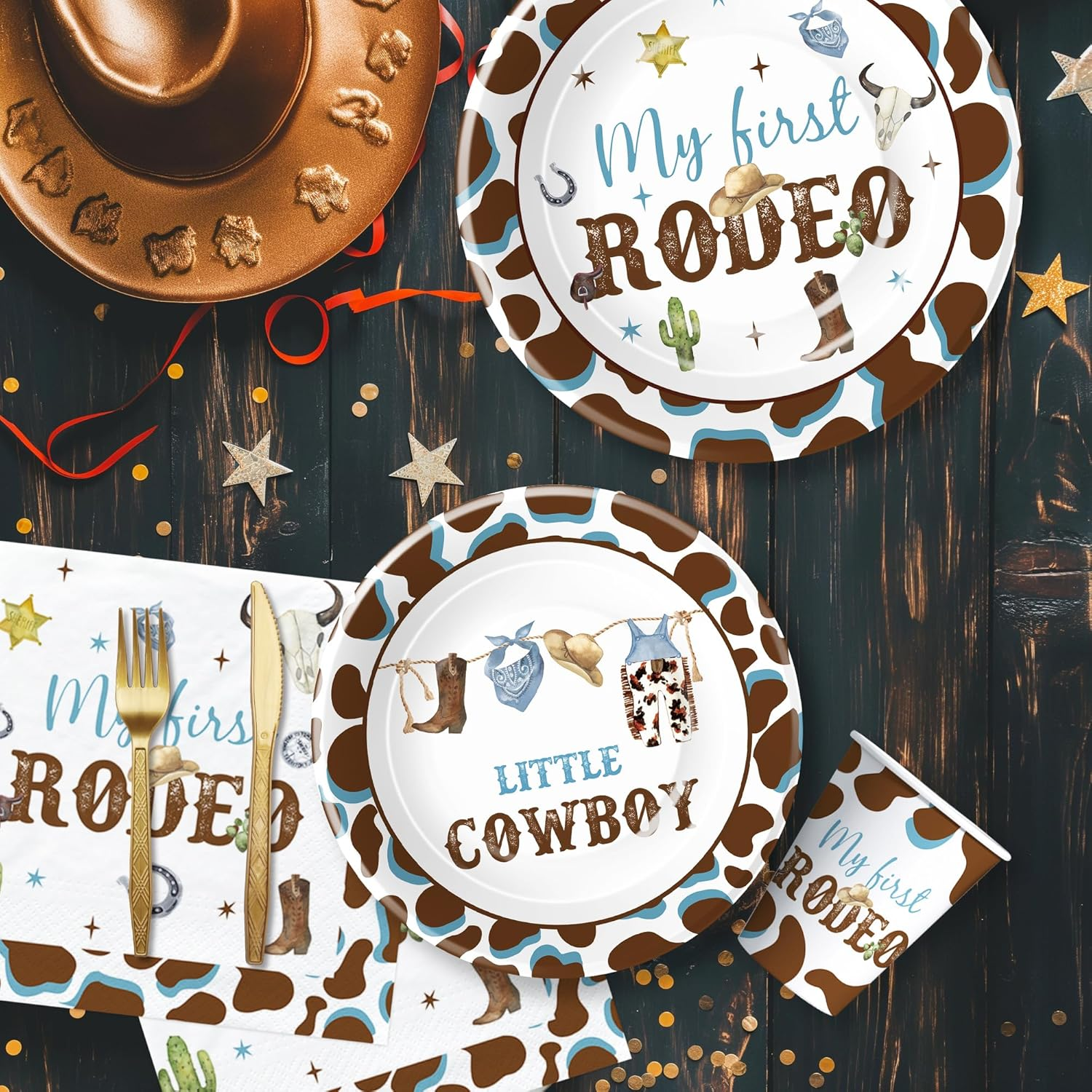 Boy Rodeo 1St Birthday Party Plate, Cup, Napkin, Cutlery Set