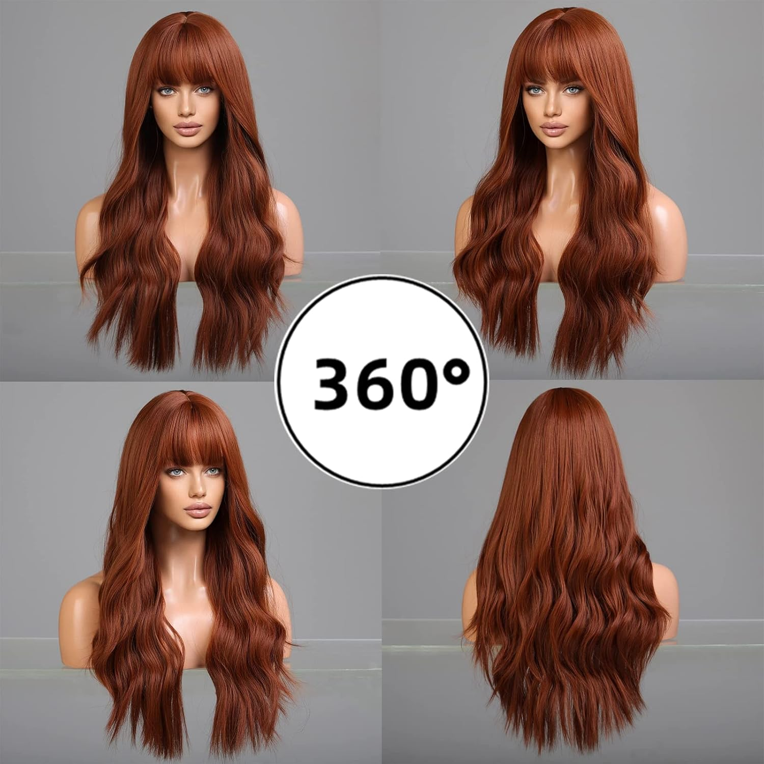 Long Wavy Red Brown Wig Copper Ginger Long Hair Micro Volume Wigs with Natural Wave with Fringe, Natural Looking Synthetic Wig for Daily/Party/Role Play 66 Cm image number 1