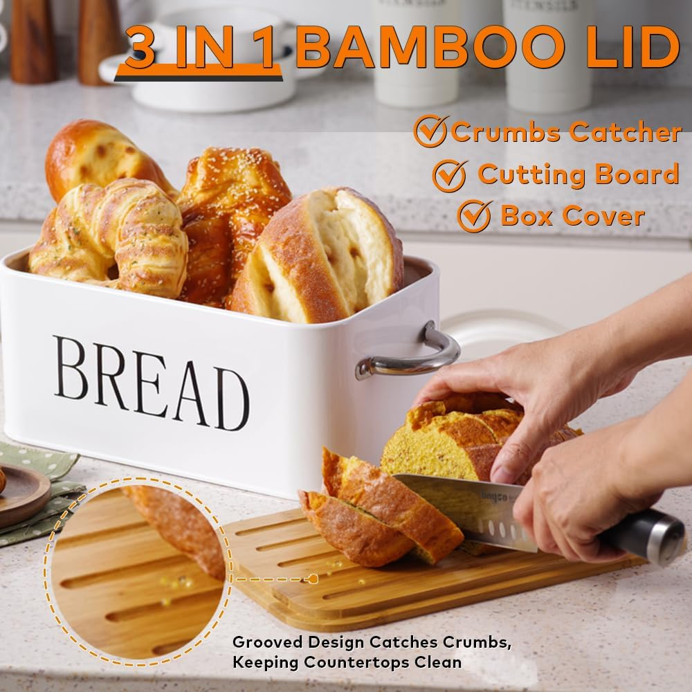 Bread Box with SUS304 Food Tong,Metal Bread Container with Air Valve&Bamboo Cutting Lid,Bread Bin with Metal Handles for Food Storage (White)