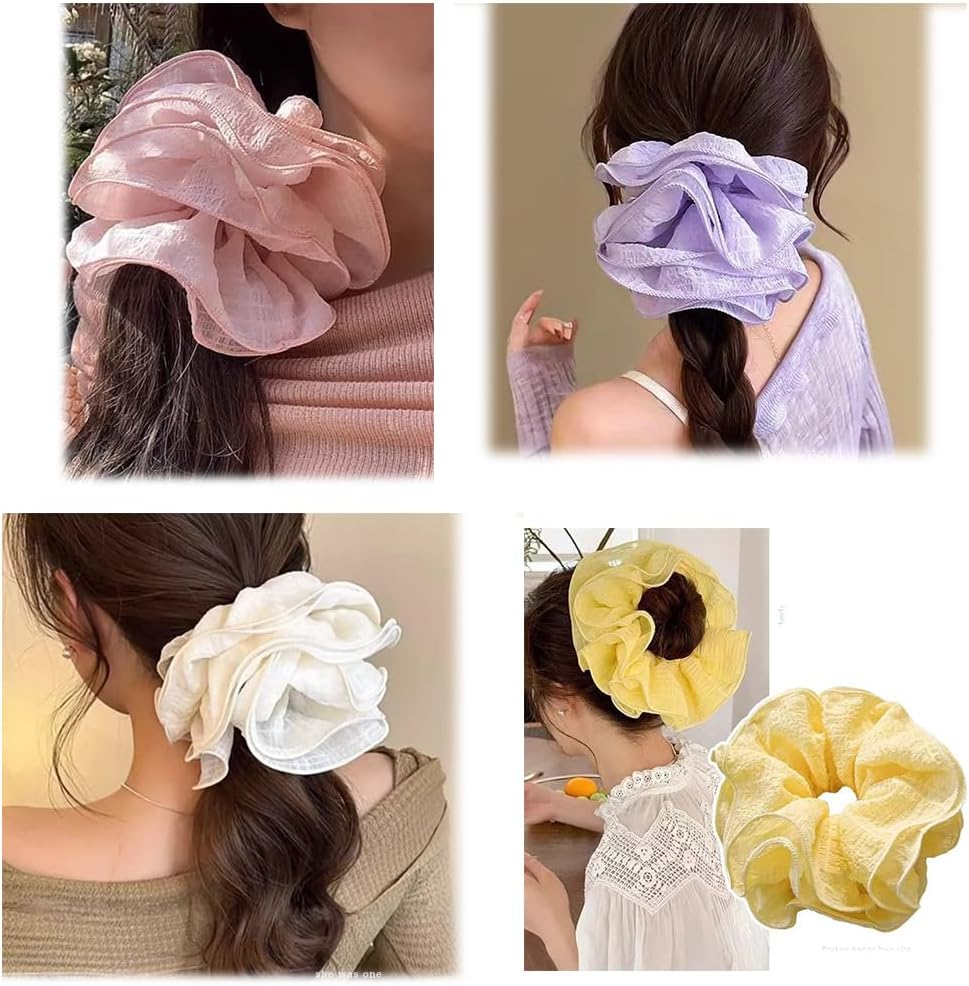 Chiffon Scrunchies Hair Scrunchies with Large Flower Women'S Elastic Bands Soft Elastic Ponytail Holder for Women Girls Hair Accessories (Style I, Pack of 6) image number 4