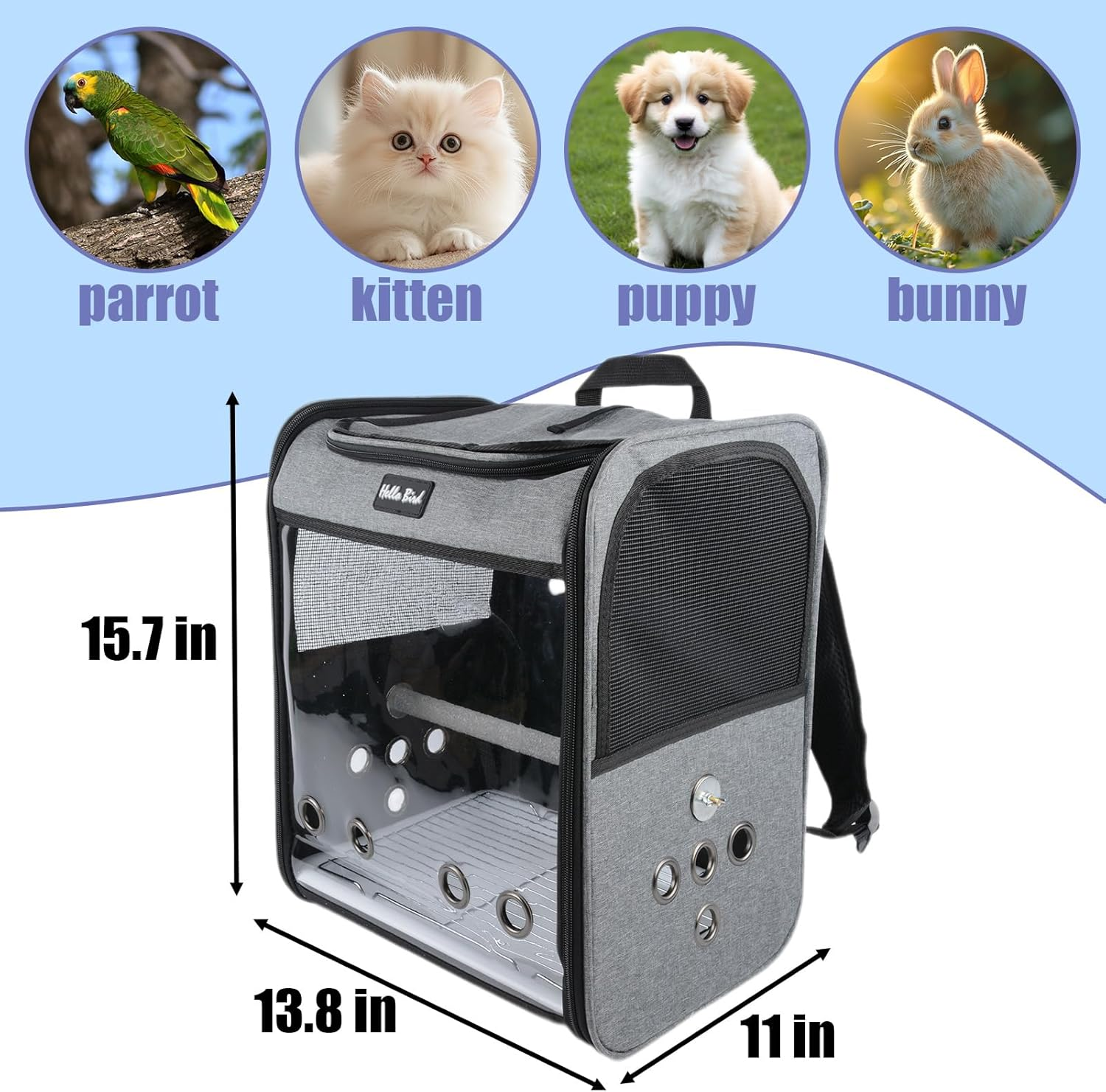 Bird Carrier, Bird Cage - Parrot Cage with Stainless Steel Tray and Bird Perch, Breathable & Portable, for Small Birds, Green Cheek, Cockatiel, Parrot, Grey image number 2