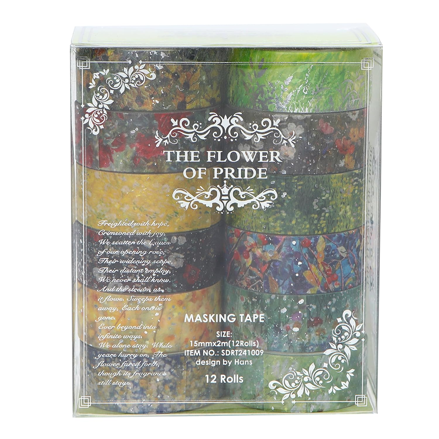 Songdao 12 Rolls Flowers Washi Tape Set Floral Arts Adhesive Tapes Splast Silver Decorative Masking Tape Sets for Craft, Kids, Scrapbook, DIY, Gift Wrapping (Verdant Glow) image number 1