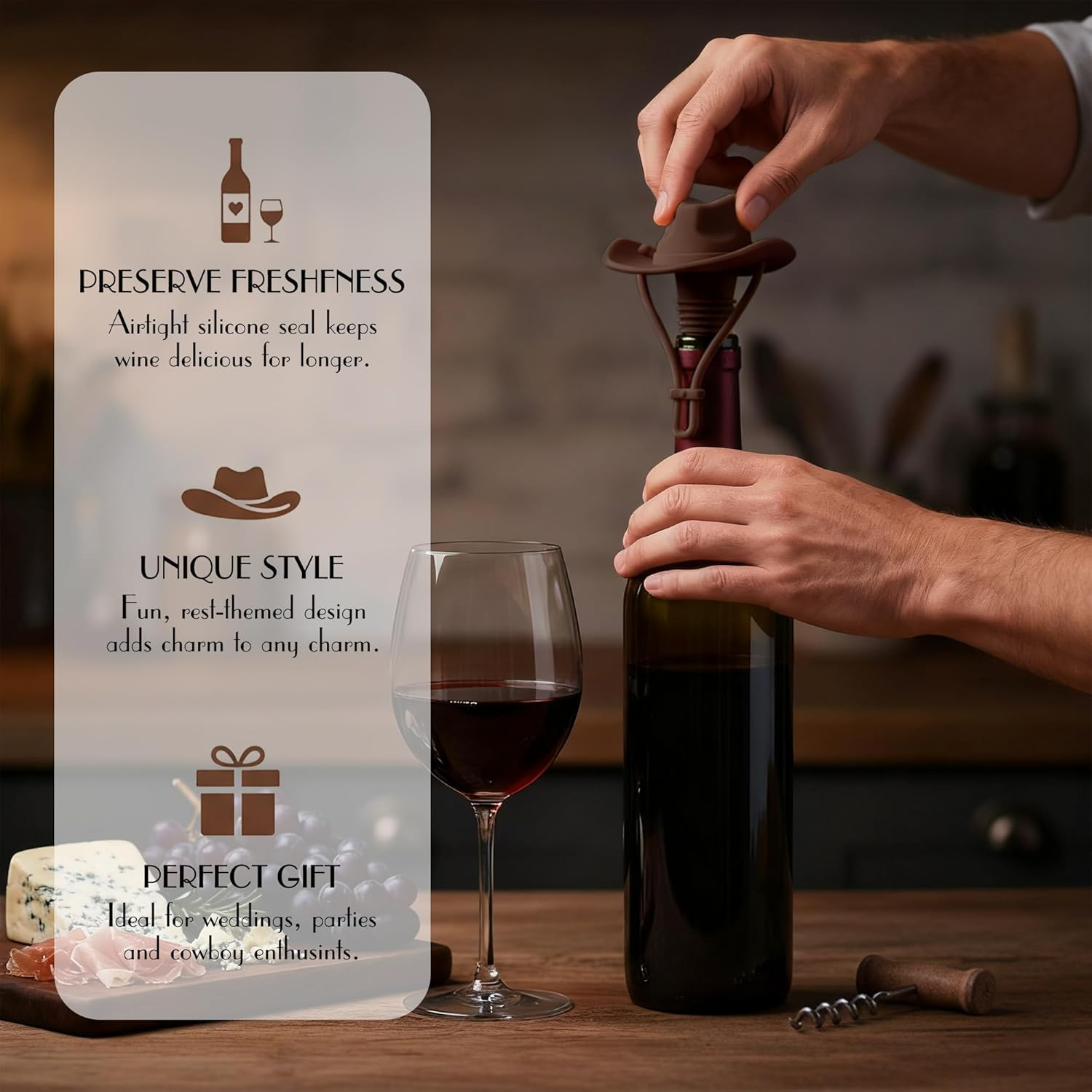 Silicone Wine Stopper, Cowboy Hat Wine Bottle Stopper Reusable, Cute Kitchen Gadgets Wine Accessories Tools Gifts, Decoration-2Pcs Bottle Stoppers（Coffee） image number 6