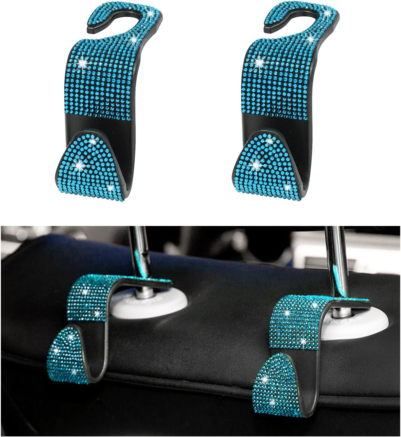 Augeny 2 PCS Bling Car Seat Headrest Hooks, Crystal Rhinestone Back Seat Hanging Storage Organizer, Auto Purse Bags Hanger, Universal Vehicle Interior Accessories for Women Girls (Purple)